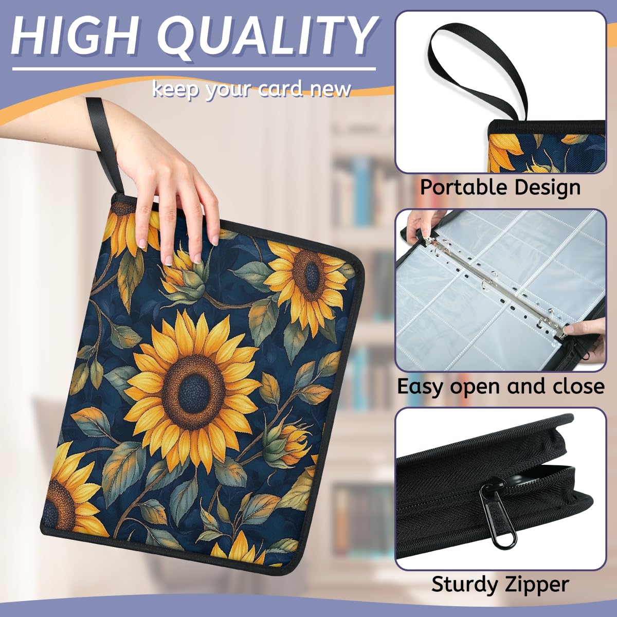 Mexpekil Raccoglitore di carte con foglie di girasole, 9 tasche con 50 pagine a caricamento laterale, cartellina per 900 carte, album per carte collezionabili con cerniera, impermeabile, porta carte