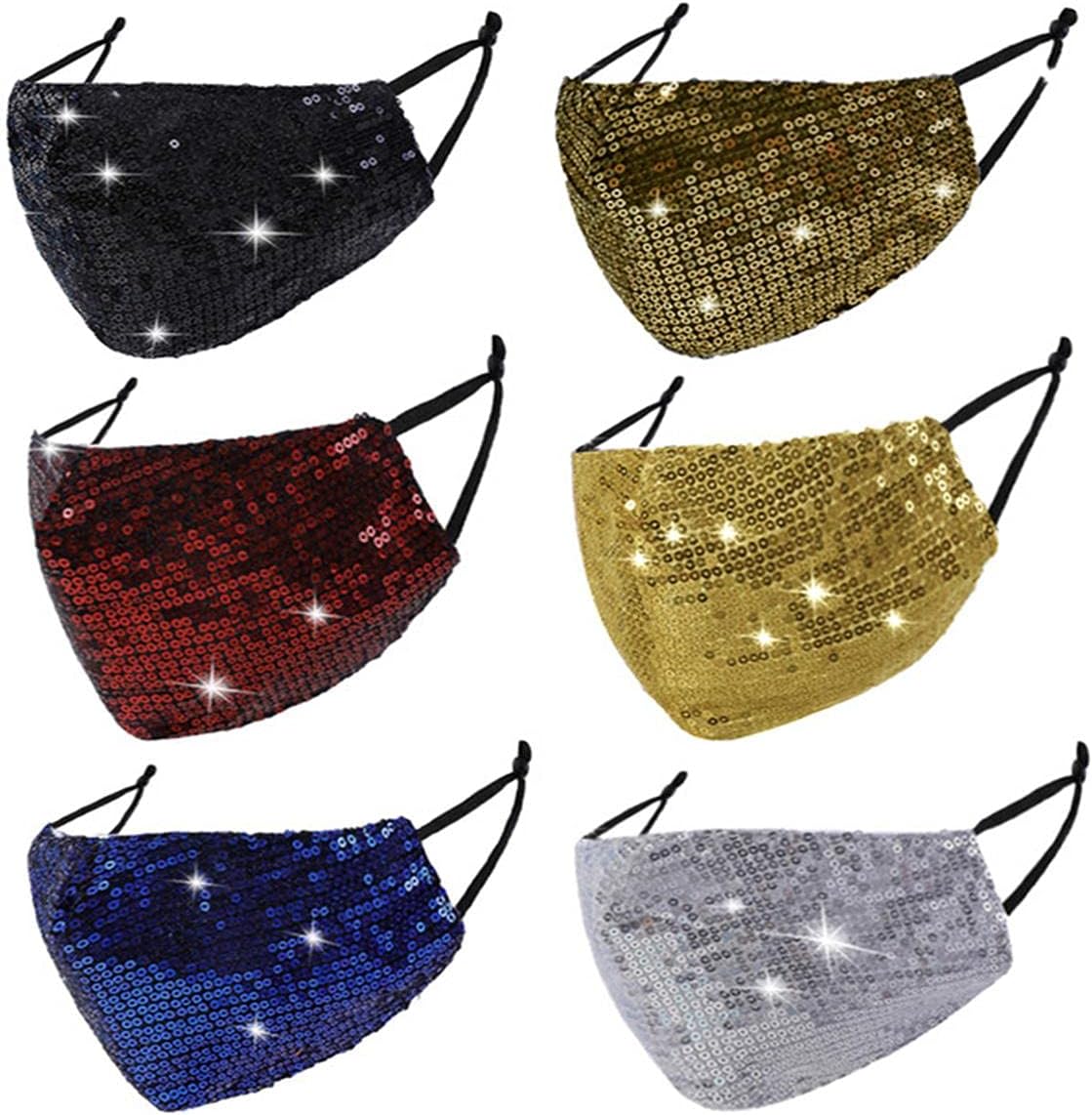 6 Pcs Washable Glitter Bling Women Face Mask. Breathable Reusable Adjustable Fashion Masquerade Facemasks With Pocket.