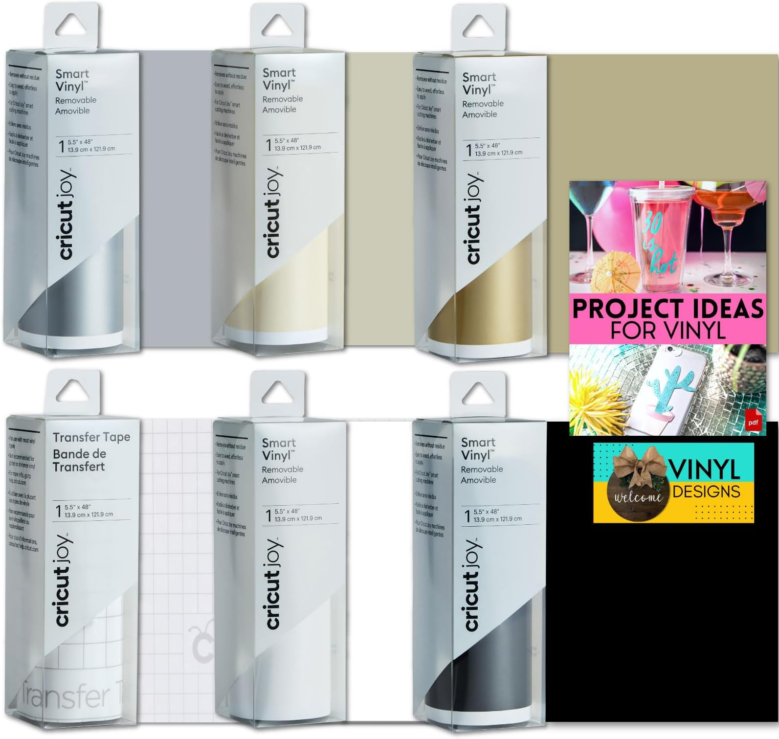 Cricut Joy Smart Removable Vinyl Rolls and Transfer Tape Bundle - Classic Colored Vinyl Roll Set with Instructional Project eBook and SVG Design Files, Create DIY Labels, Wedding Decor and Home Decals