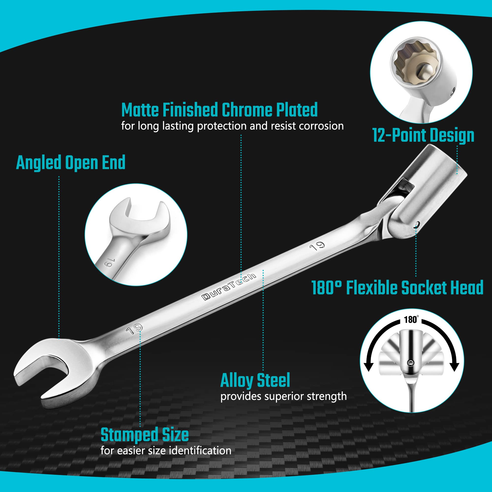 DURATECH Flexible Socket Wrench Set, Metric, 9-Piece, 8-19mm,12 Point, with Rolling Pouch