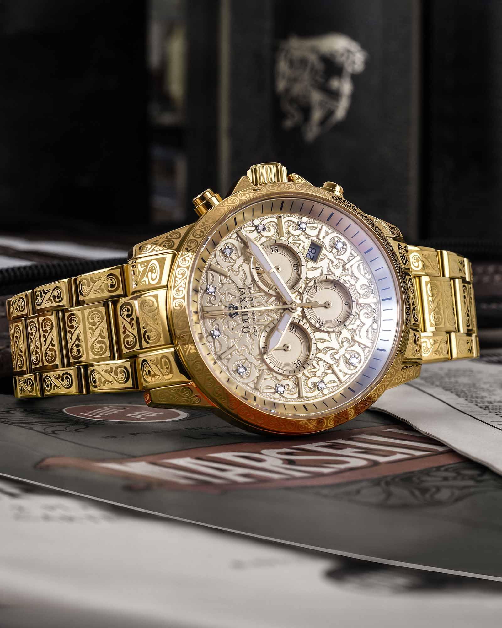 LOUIS XVI Palais Royale 2.0 1801 - Ø 43 mm - Herren Uhr - Wasserdicht - Uhr Vergoldet - Armband Gold - Zifferblatt Gold mit Diamanten - Schweizer Quarzwerk
