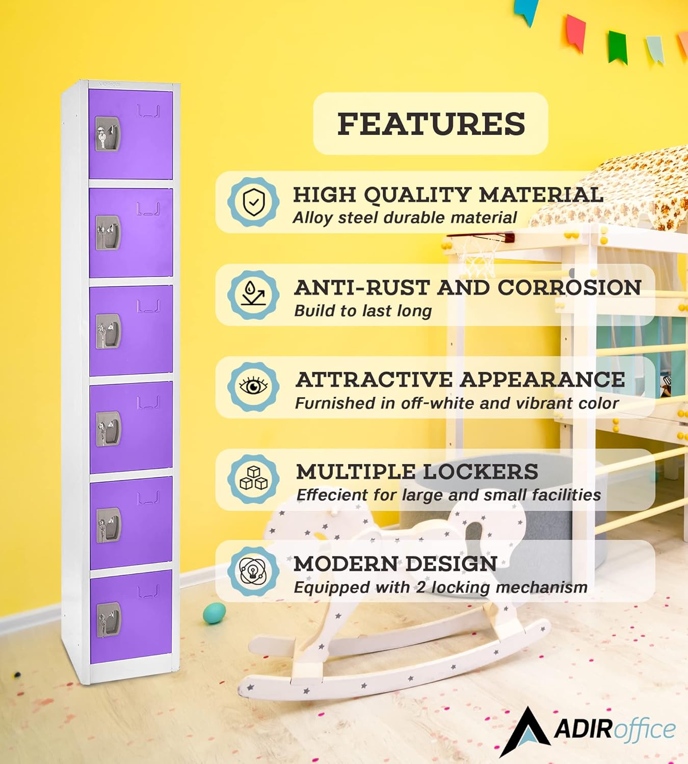 AdirOffice Large School Locker with 6 Doors 6 Hooks Storage Locker for Garage Storage - Office Storage Lockers (6 Door, Purple)