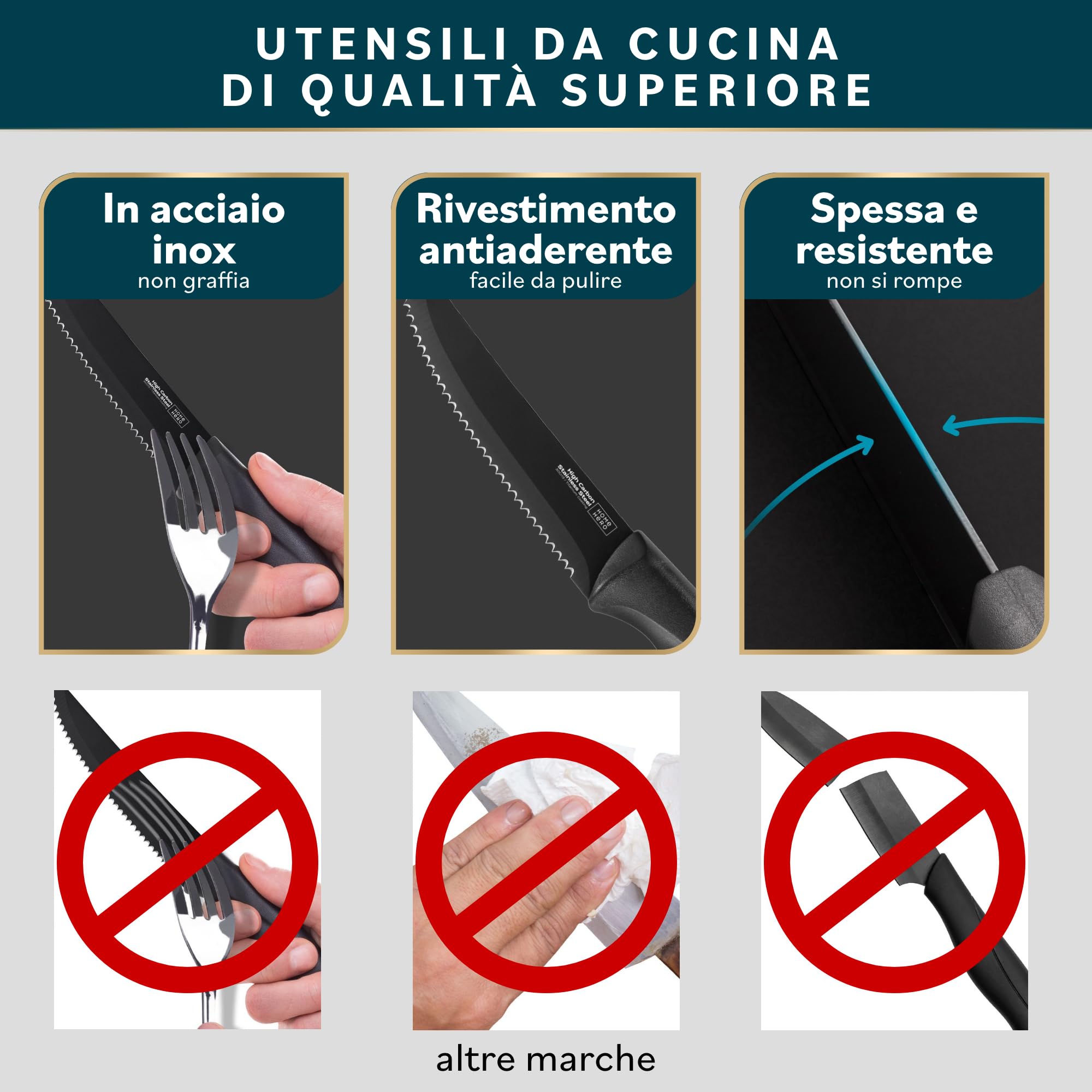 Home Hero Set di 12 coltelli da bistecca, lame in acciaio inox ad alto tenore di carbonio, coltelli seghettati affilati come rasoi - manici ergonomici neri - 12 pezzi, nero