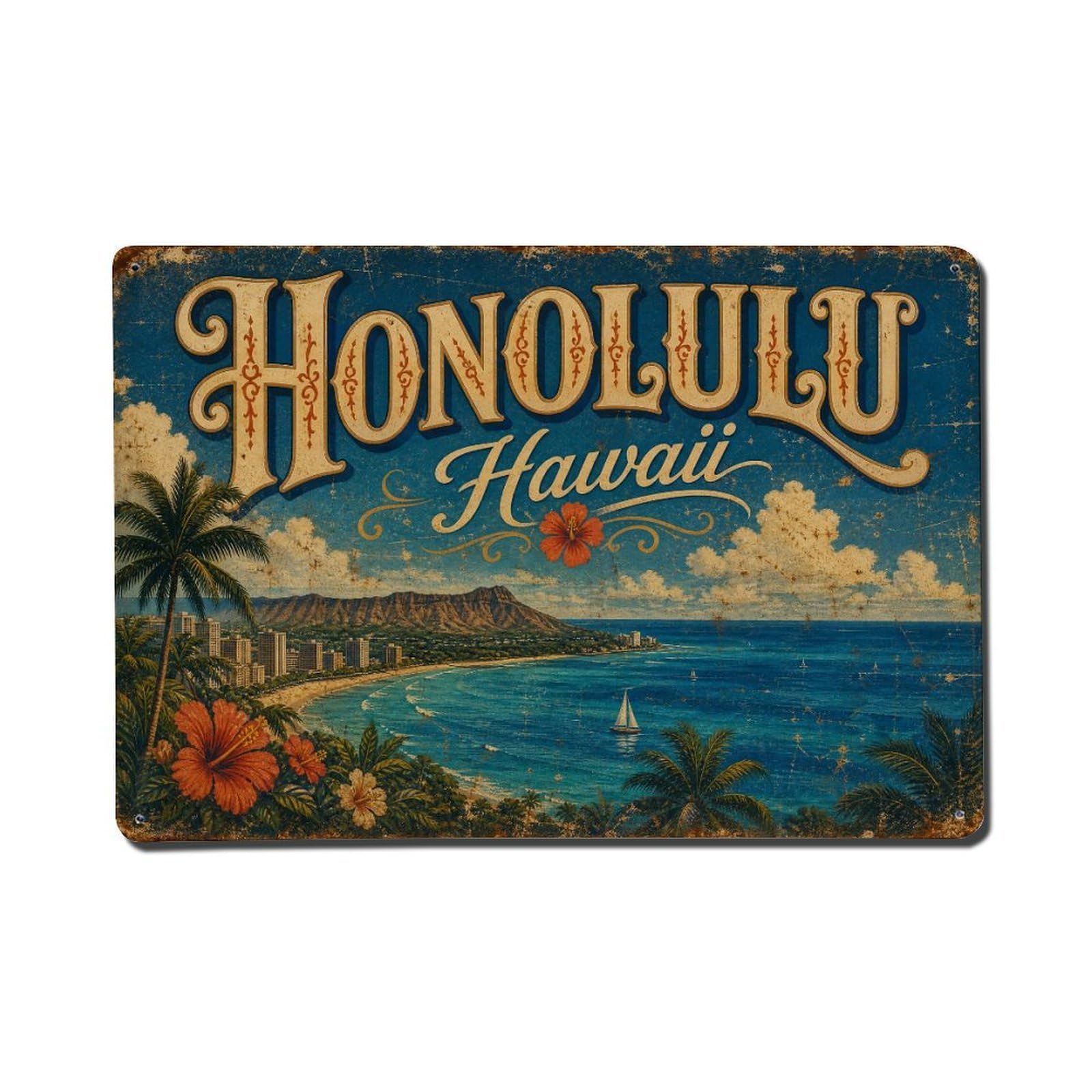 Huiyhb 8X12inch(20X30cm) Vintage Travel Honolulu Hawaii Ocean Metal Tin Sign