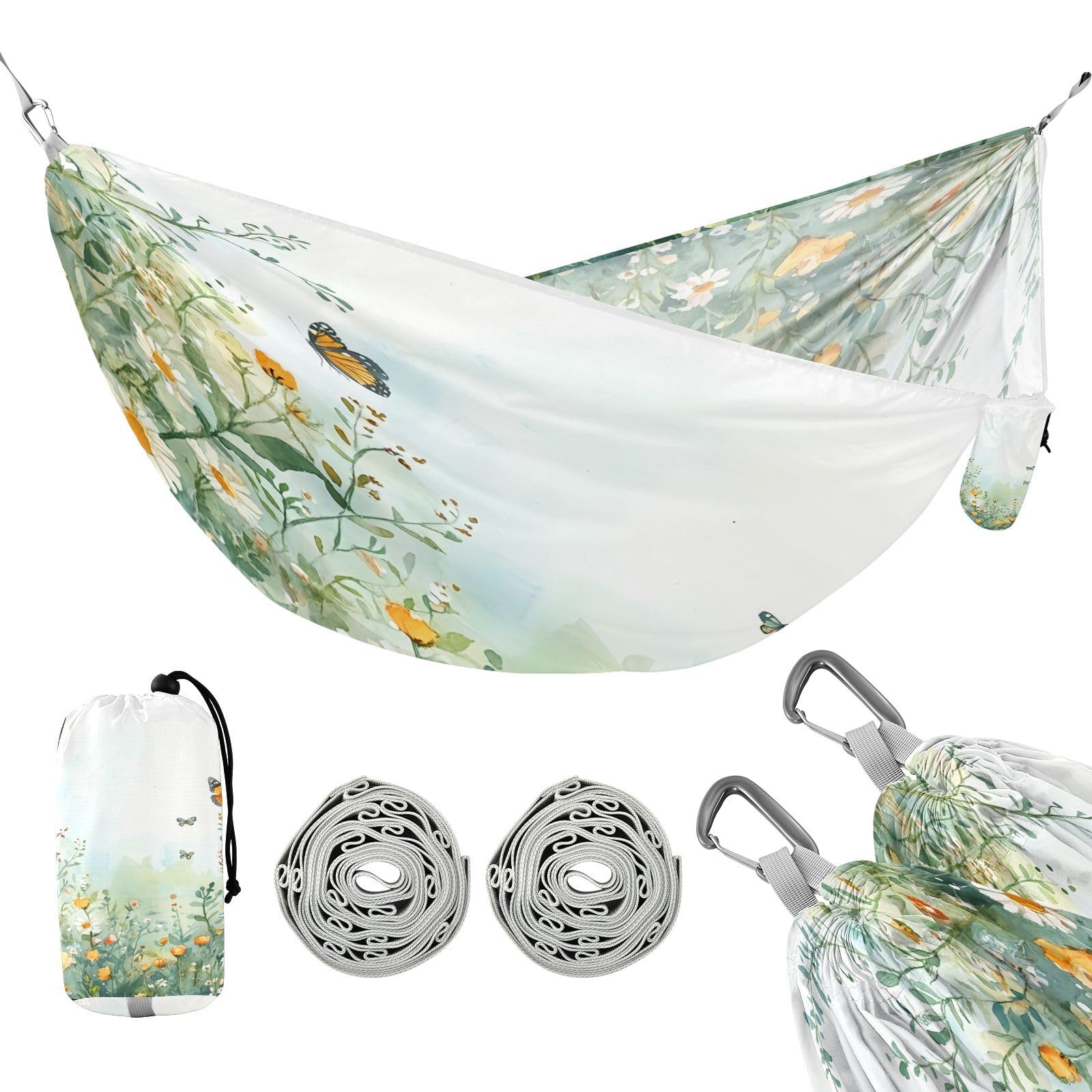 ATTX Wildflowers and Butterflies Camping Hammock - Lightweight & Portable Hammocks, Heavy Duty 330lbs Capacity for Indoor, Hiking, Backpacking, Travel, Backyard, Beach#107