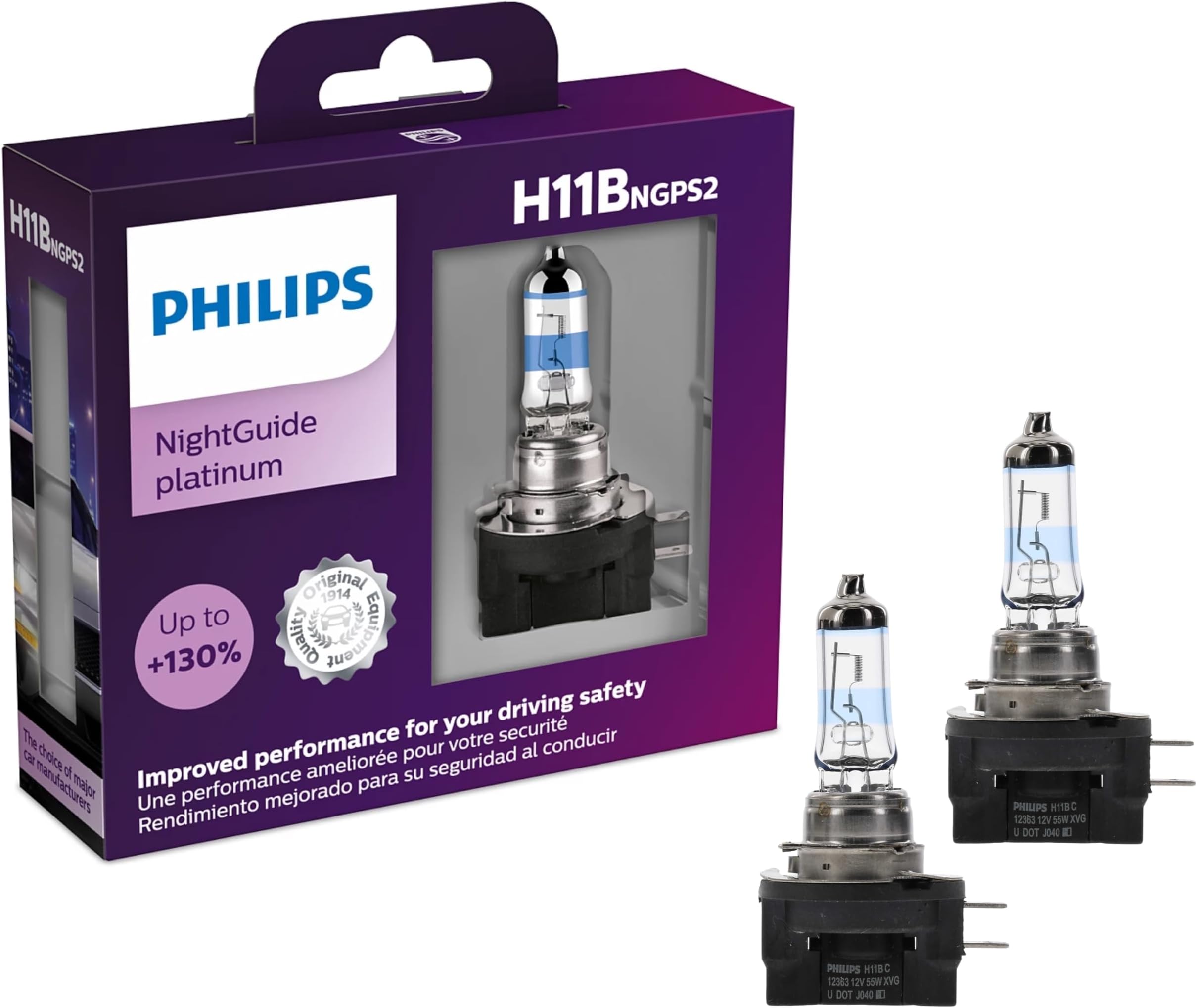 Philips Automotive Lighting H11B NightGuide Platinum Premium Upgrade Automotive Replacement Headlight Bulb, Fits Select High Beam, Low Beam, and Fog Positions (Pack of 2)