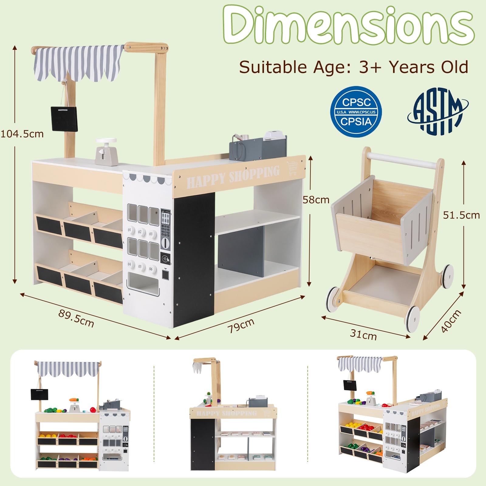 FANTASK Holz Kinder Kaufladen, Kaufmannsladen mit Einkaufswagen, Verkaufsautomat Spielzeug, Kasse & Spiellebensmittel, Supermarkt Spielzeug für Kinder 3+ Jahre