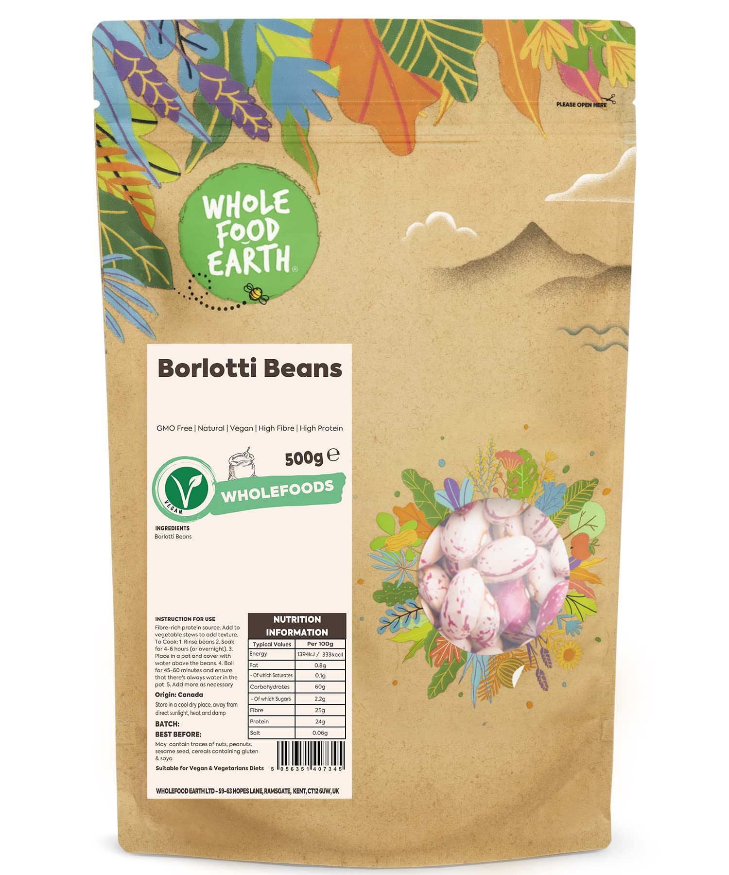 Wholefood Earth Borlotti Beans 500 g | GMO Free | Natural | High Fibre | High Protein