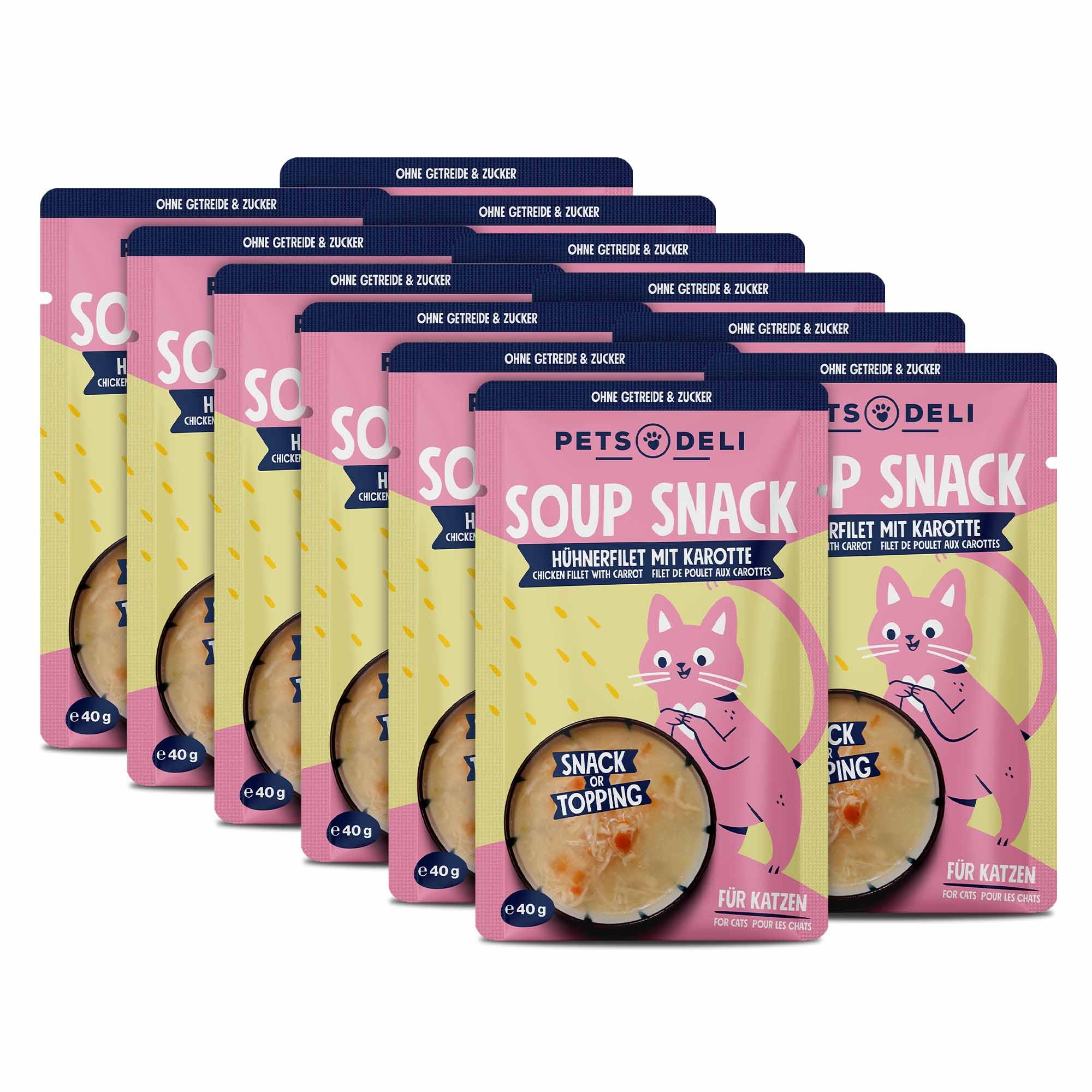 Pets Deli Soup Snack Katzen Suppe Huhn & Karotte, ideal für wählerische Katzen, Topping & Belohnung, getreidefrei, ohne Zucker, 12x40g, Premium Qualität