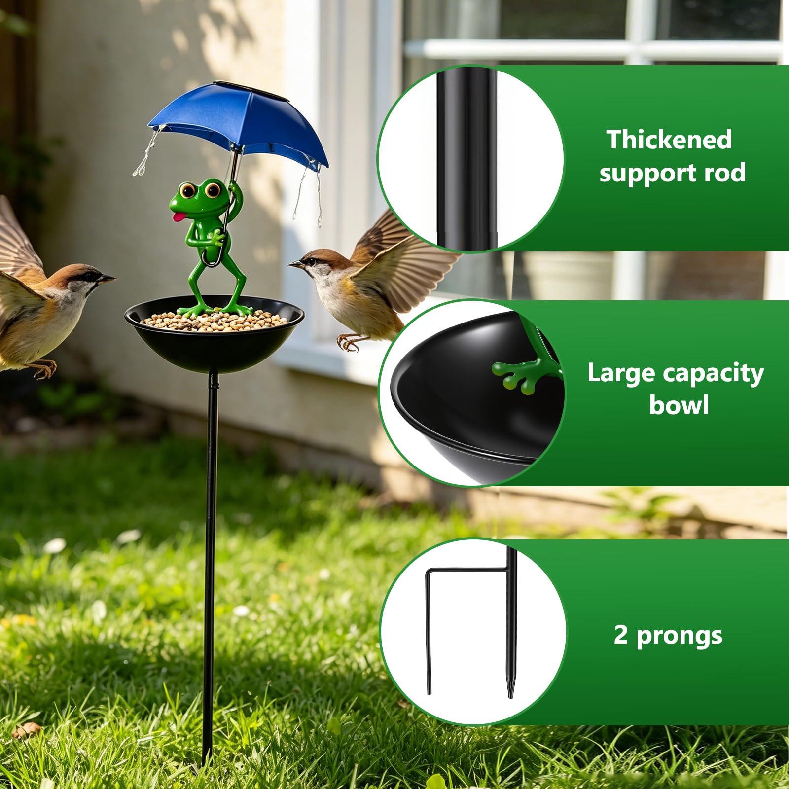 Mangiatoia a energia solare a forma di rana, per esterni, decorazione da giardino con ombrello, ciotola, mangiatoia decorativa per giardino, terrazza, prato, laghetto, cortile