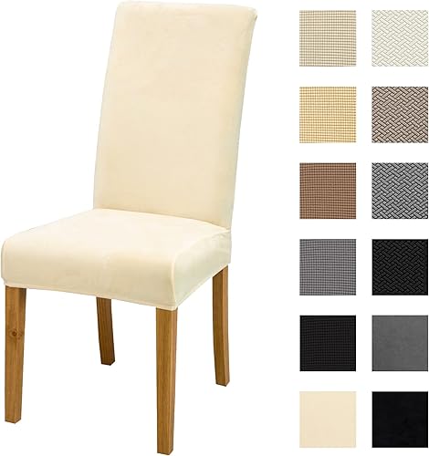 BIETYONE Juego de 4 fundas para sillas de comedor, de terciopelo elástico, fundas protectoras para sillas Parsons, para comedor, color beige BIETYONE Juego de 4 fundas para sillas de comedor, de terciopelo elástico, fundas protectoras para sillas Parsons, para comedor, color beige
