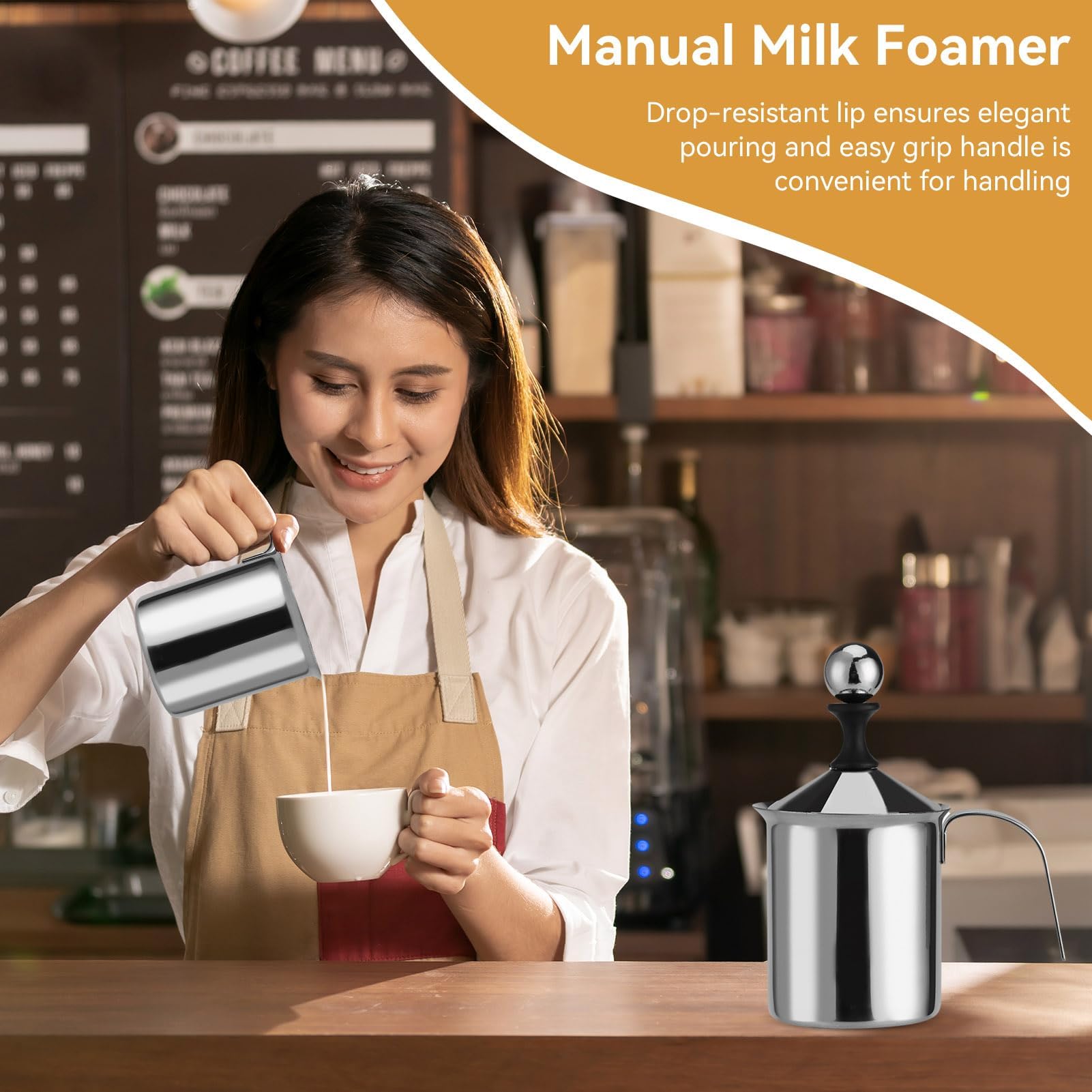 HERCHR 800ml Montalatte, schiumalatte in acciaio inox doppia rete manuale, Pompa Schiuma Latte per Cappuccino e Caffè