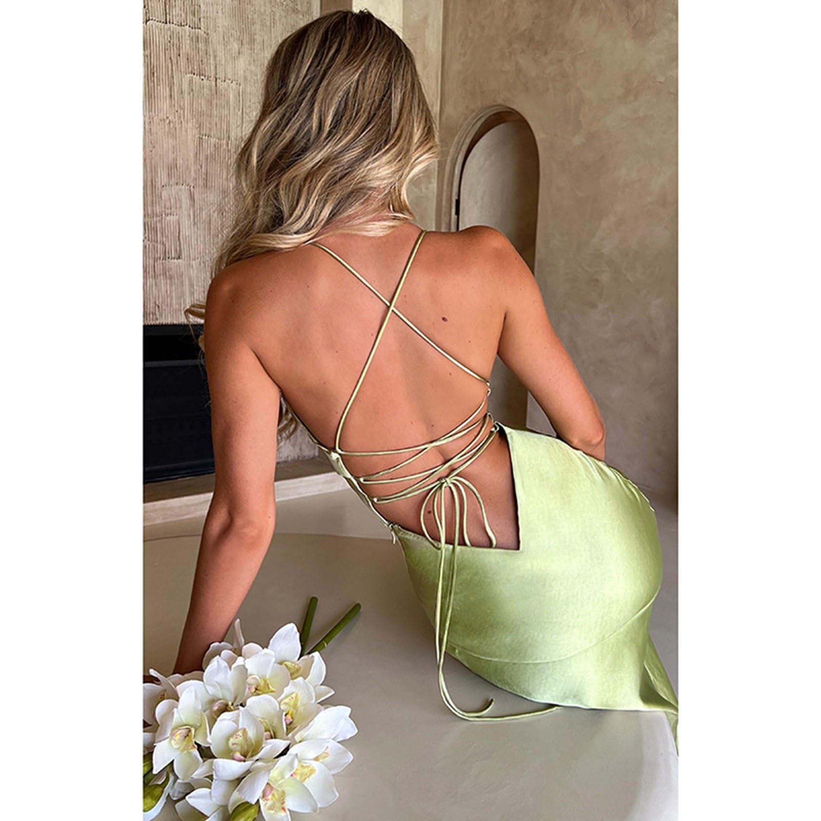 SUSHRUTA Vestido Largo Elegante De Satén con Espalda Descubierta para Mujer, Vestido Largo De Verano con Cuello En V Sin Mangas Y Abertura Alta para Fiesta En Club, Vestidos
