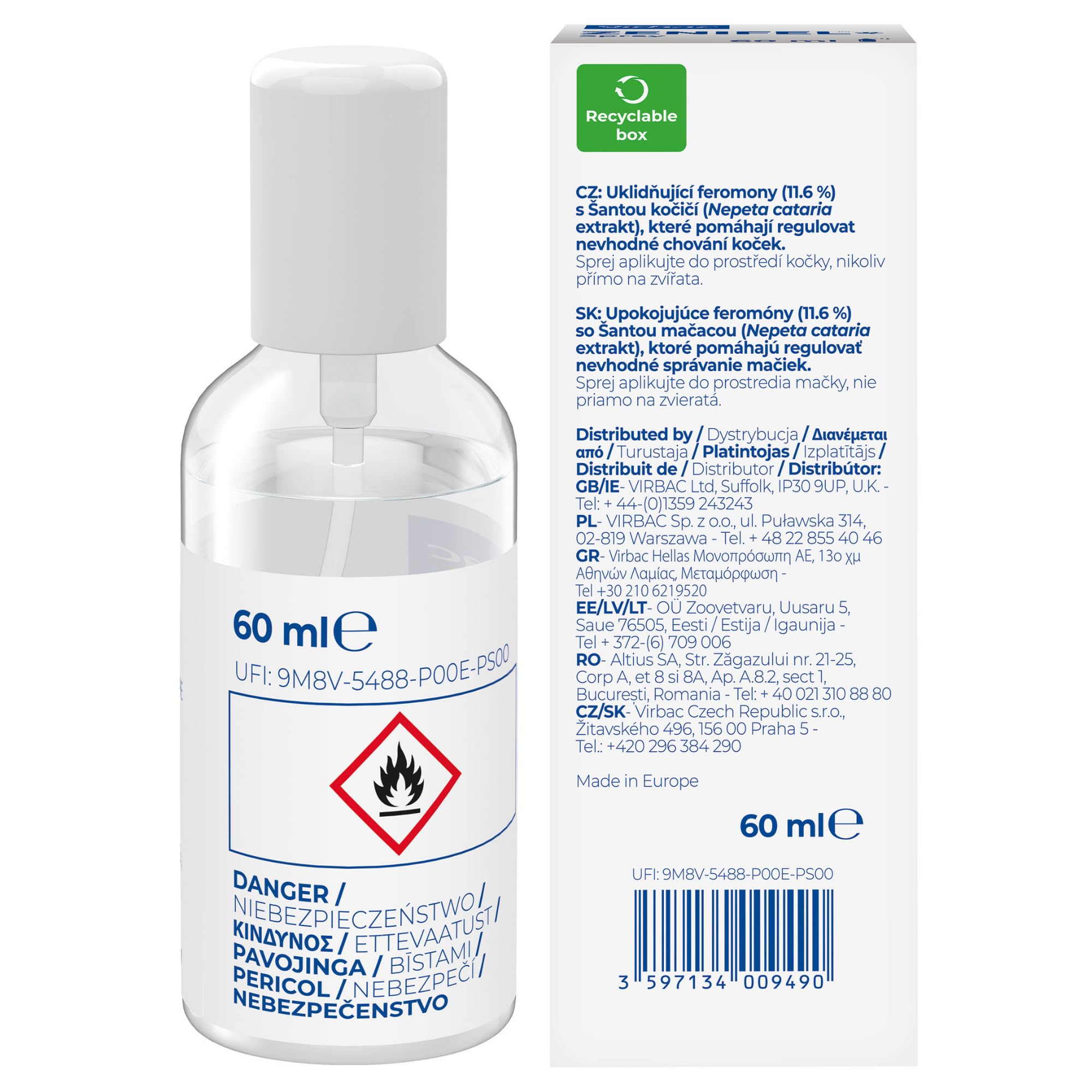 Virbac Zenifel Spray feromonas para Gatos - Antiestrés con feromonas y Catnip - Spray Relajante de acción rápida - 60ml