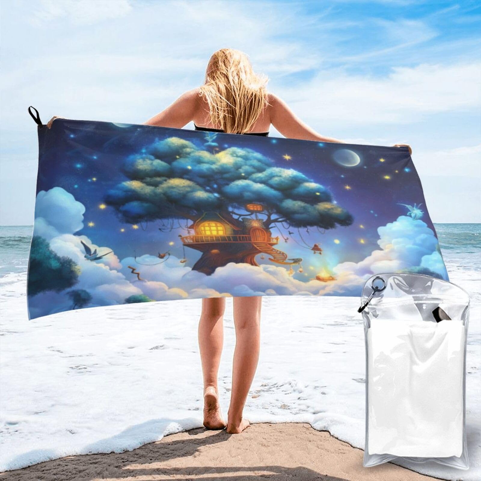 Anceky Whimsical Treehouse in Dreamy Night Sky Quick Dry Microfiber Travel Towel with Carry Case and Carabiner 31.5"X63"