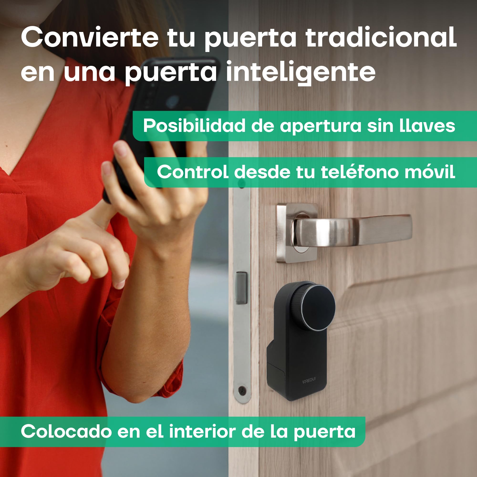 Arregui SPIN + BRIDGE – Cerradura Electrónica Inteligente con Apertura vía App, Mando y Keypad | Control desde Smartphone | Control Remoto Bridge Compatible Google y Alexa | Instalación sin Perforar