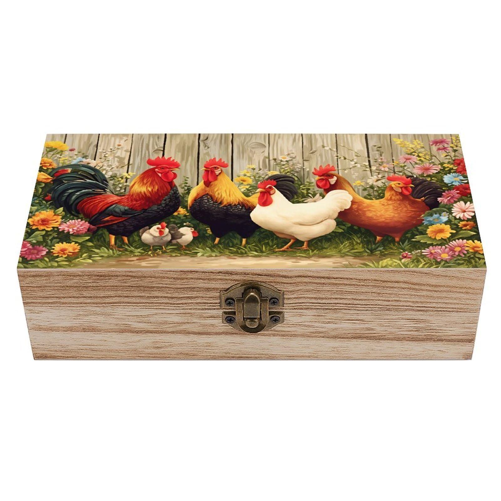 SMAZDFXX Colorful Chickens In Garden Scene Wooden Keepsake Box Vintage Solid Wood with Hinged Lid 7.9"×3.7"×2.3" Metal Latch Rustic Home Decor for Jewelry Photos And Trinkets
