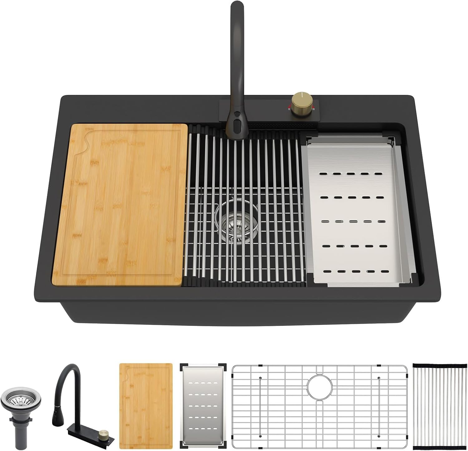 33 Waterfall Kitchen Sink - Beslend 33x22 inch Matte Black Granite Composite Waterfall Workstation Sink Drop In Waterfall Sink with Faucet, Topmount Dish Basin Above Counter Single Bowl