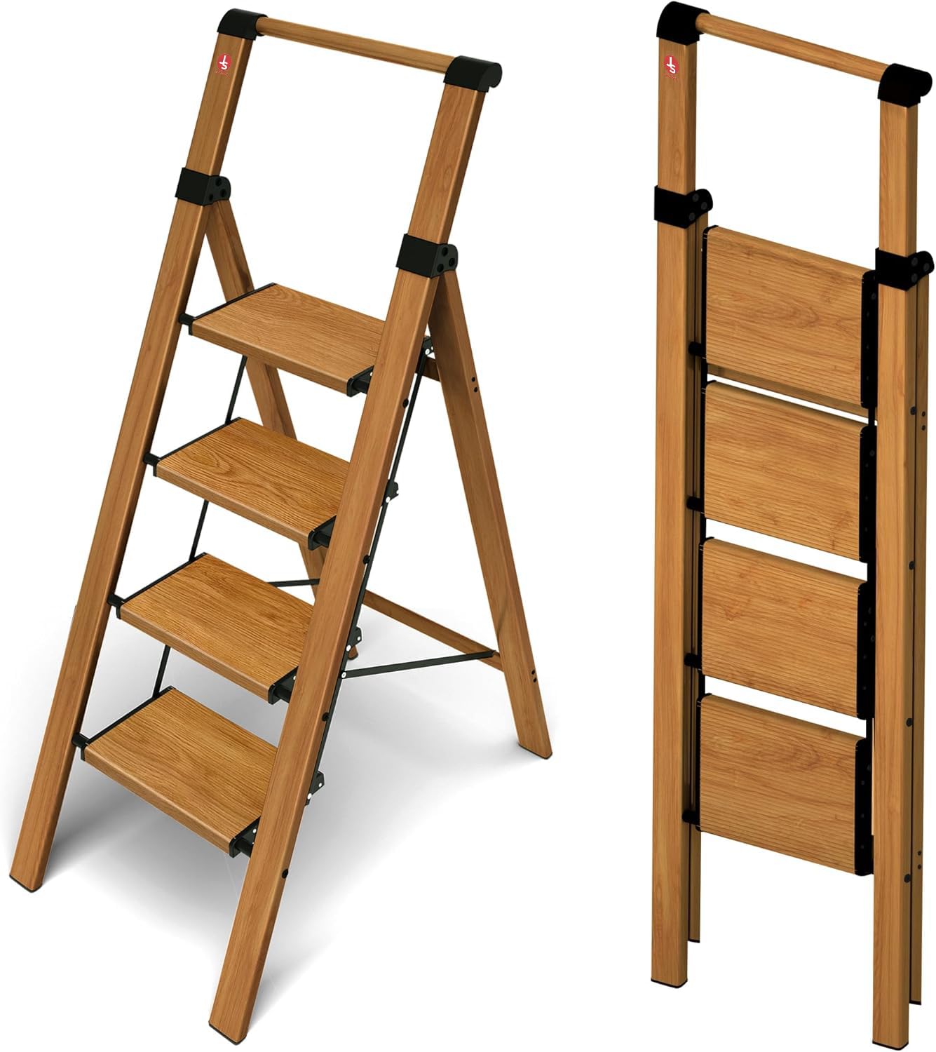 Foldable Aluminium Ladder for Home Office Use | Anti-Slip Wide Steps | Lightweight & Portable | 150kg Capacity | Woodgrain (4 Step with Handrail)-image-49