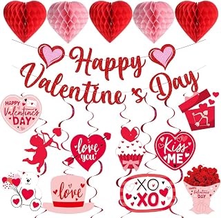 Valentines Day Decorations Glitter Happy Valentine's Day Banner Valentines Hanging Swirls Heart Tissue Paper Honeycomb for Valentine's Day Party Supplies Home Decor