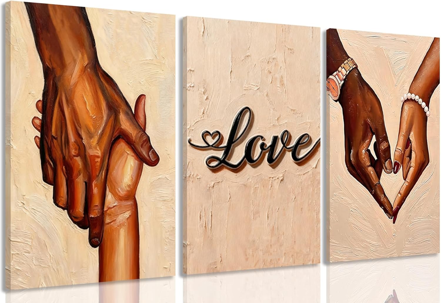 JZMGGQQ Framed Black Couple Love Wall Art Set of 3 – African American Holding Hands Canvas Prints, Afrocentric Heart Hand Gesture Romantic Black People Wall Decor for Bedroom Living Room 12x16 Inch