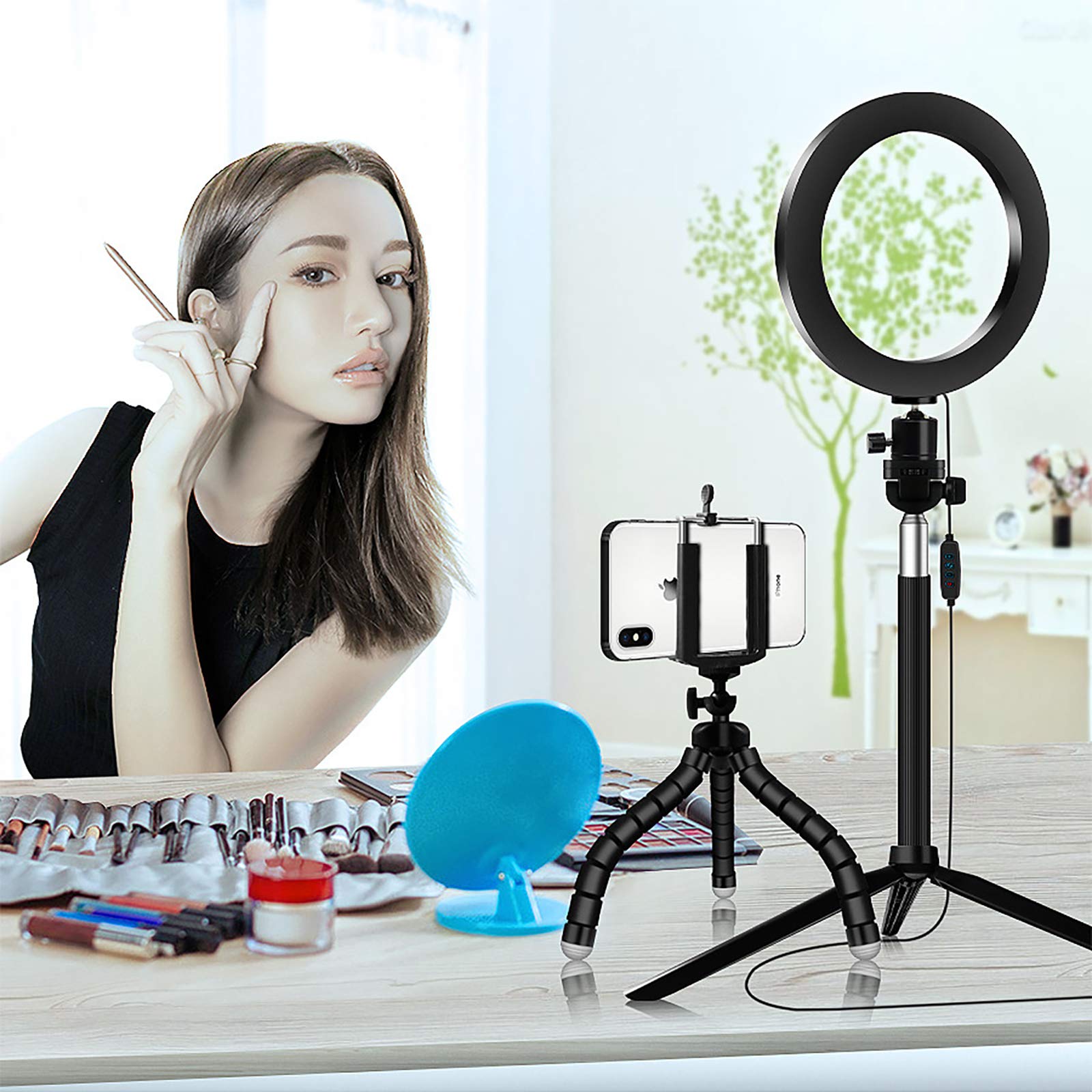 Selfie Luce ad Anello con 2 Regolabile Basamento del treppiedi e Supporto del Telefono, LED dimmerabili Desktop di Bellezza Selfie Luce per Youtube Video, in Diretta, Trucco