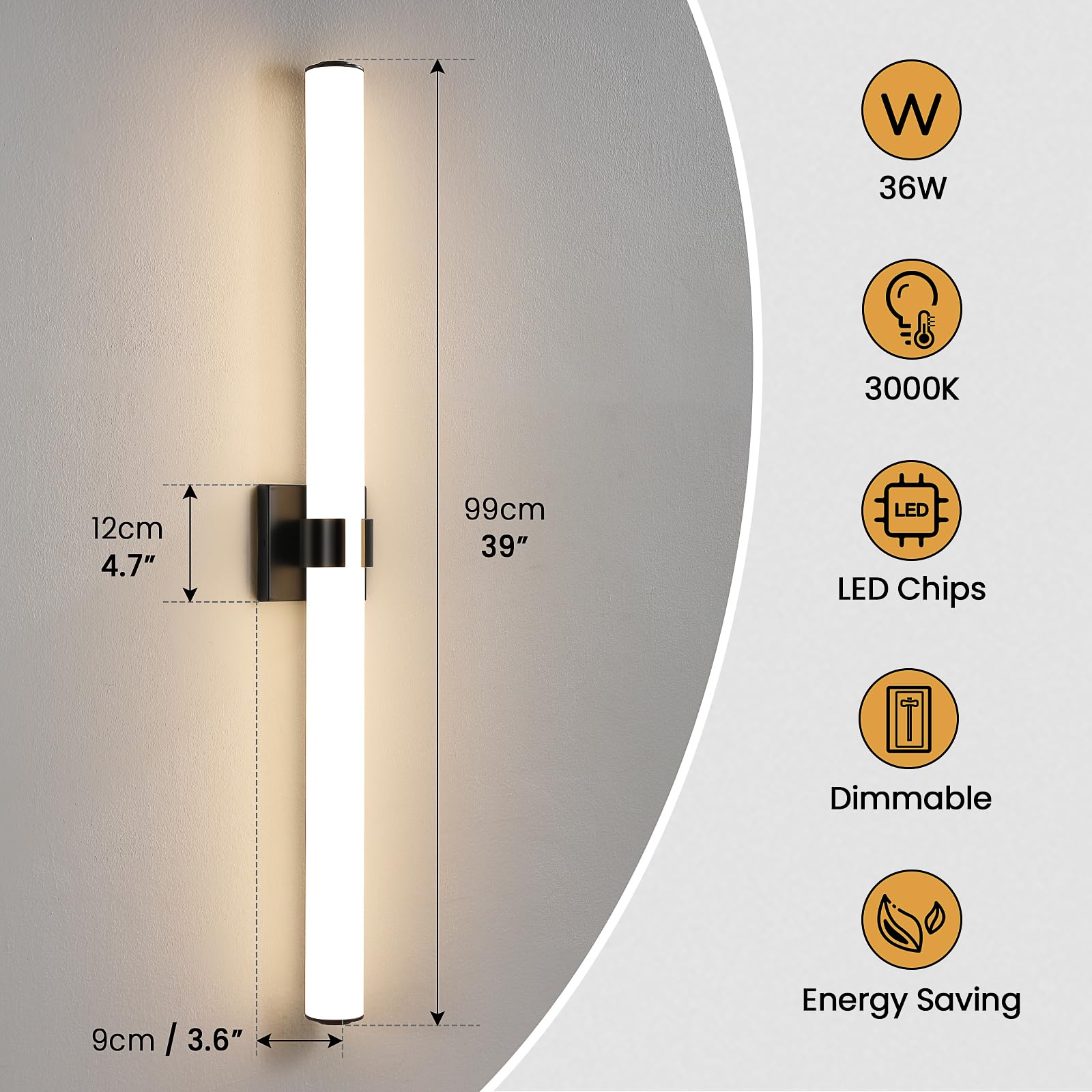 AIJIASI Lampada per il trucco da bagno - 9 pollici nero illuminazione bagno sopra lo specchio 36 W 3000 K dimmerazione LED luce per tavolo da trucco bar moderno rubinetto per lavabo specchio camera da