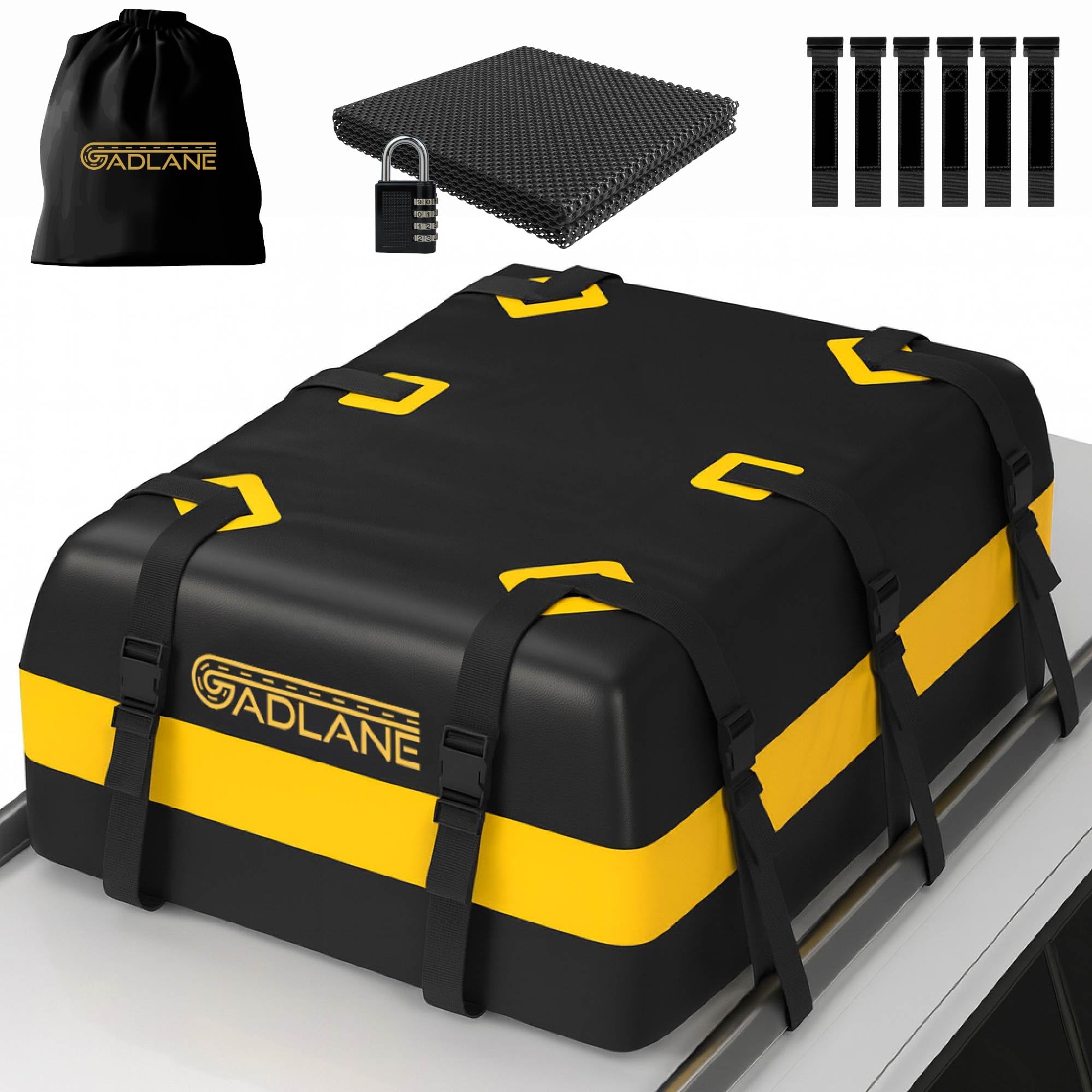 GADLANE Bolsa de Techo para Coche - 550L Cofre de Techo Impermeable para Coches con o sin Portaequipajes, Alfombrilla Antideslizante, 6 Correas Resistentes, Cerradura de Combinación (Amarillo)