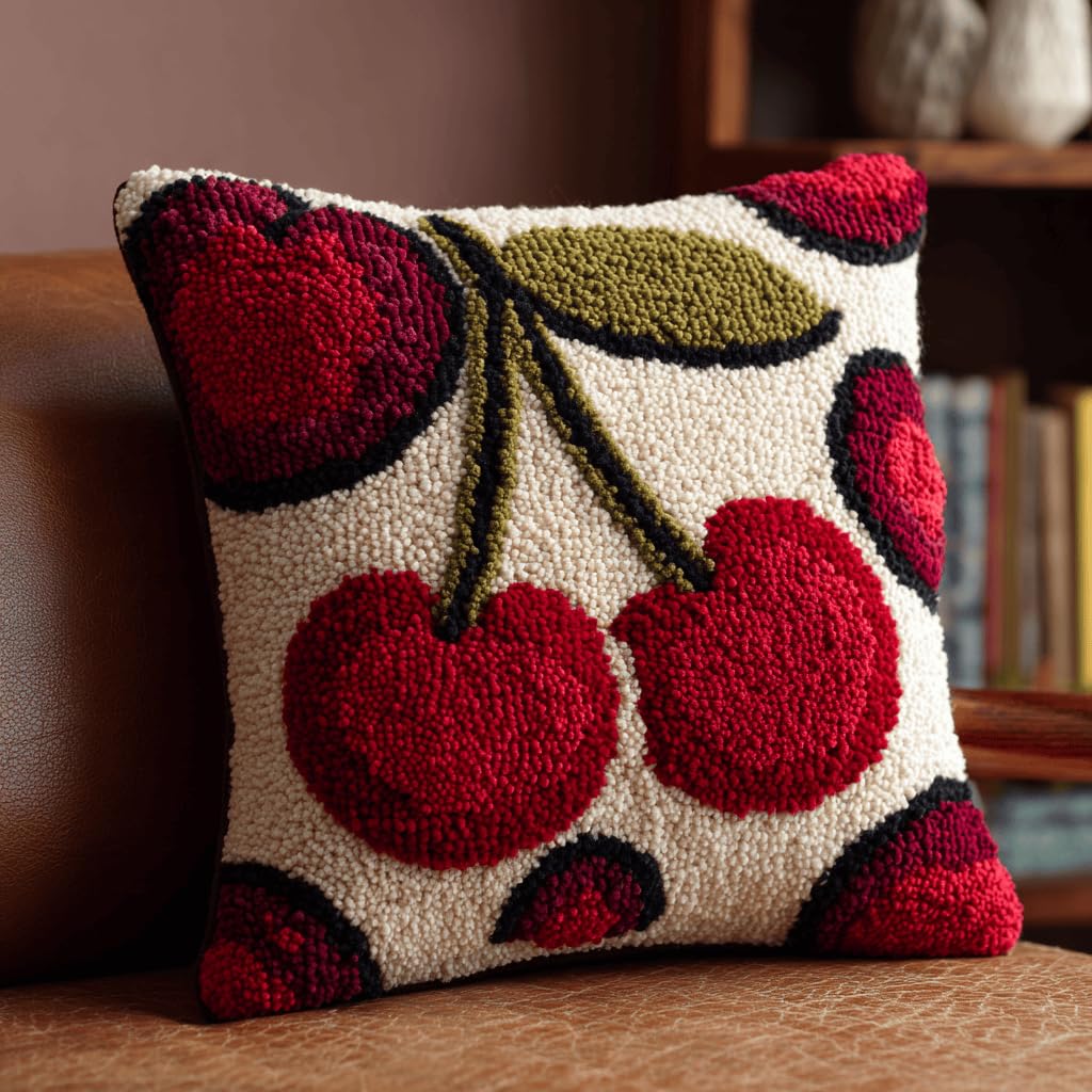 Taxpy DIY Latch Hook Pillow Kit Pre-Printed Hook and Latch Rug Kits Cherry 17X17 Inch.Cross-Stitch Embroidery Cushion Cover for Home Sofa Decoration
