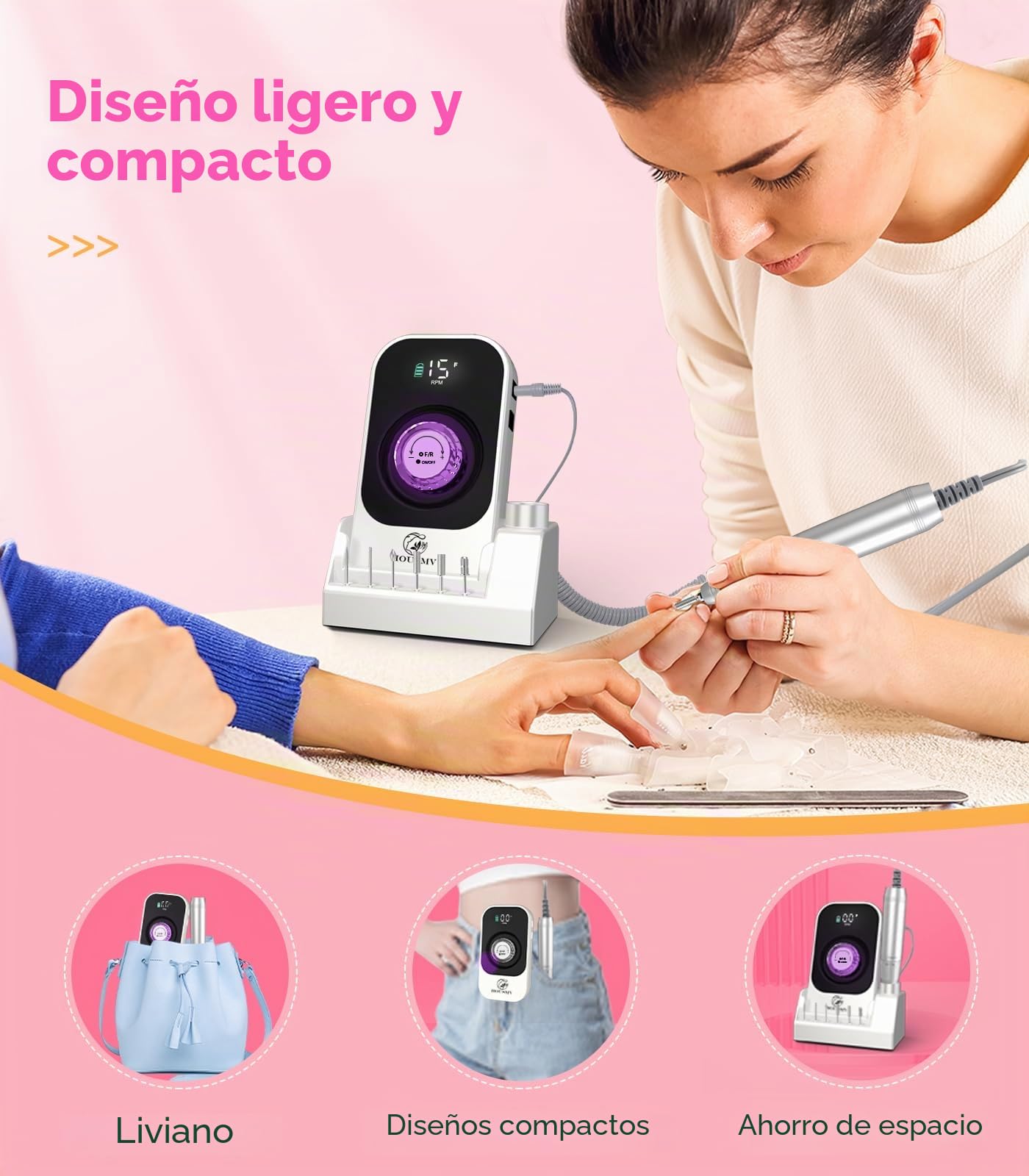 Taladro eléctrico portátil para uñas: 40000 RPM, máquina profesional recargable para limar uñas, taladro de uñas inalámbrico con puntas y base para uñas acrílicas, quitar esmalte de uñas de gel,