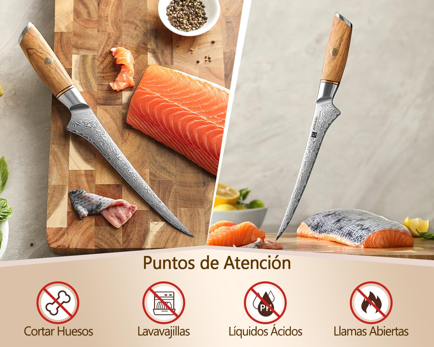 XINZUO Cuchillo de Filete 17,8cm Acero Damasco 73 Capas Mango Olivo