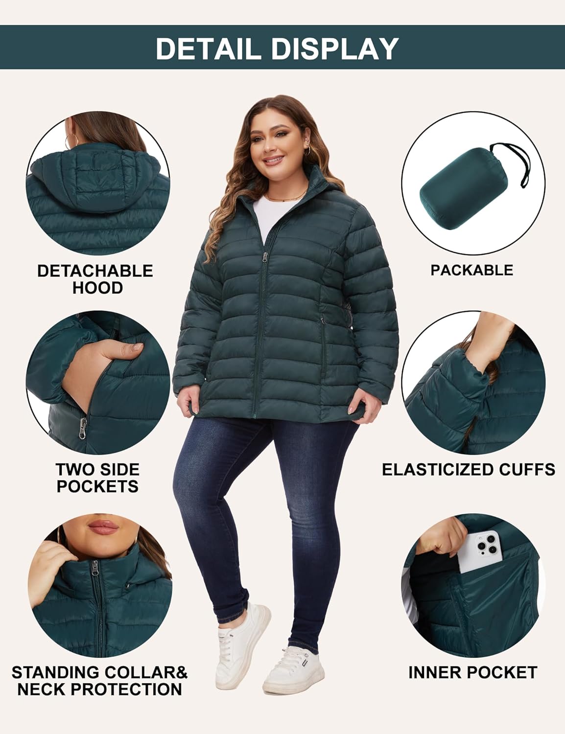 ANOTHER CHOICE Plus Size Packable Puffer Coat for Women, Light Weight Winter Jacket with Hood - Image 5