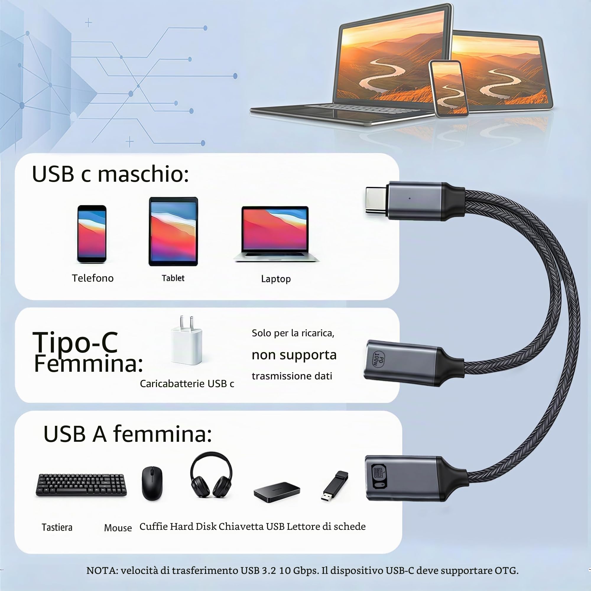 Adattatore USB-C OTG 2 in 1 con Ricarica Rapida PD 100W USB-A 2.0 per Laptop Tablet Telefono Grigio