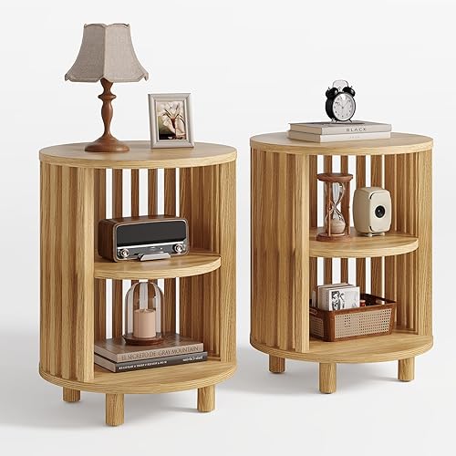 Miniatura 10 de Mesa auxiliar redonda, mesas auxiliares de madera, mesita de noche moderna de mediados de siglo con almacenamiento de 2 niveles, mesita de noche