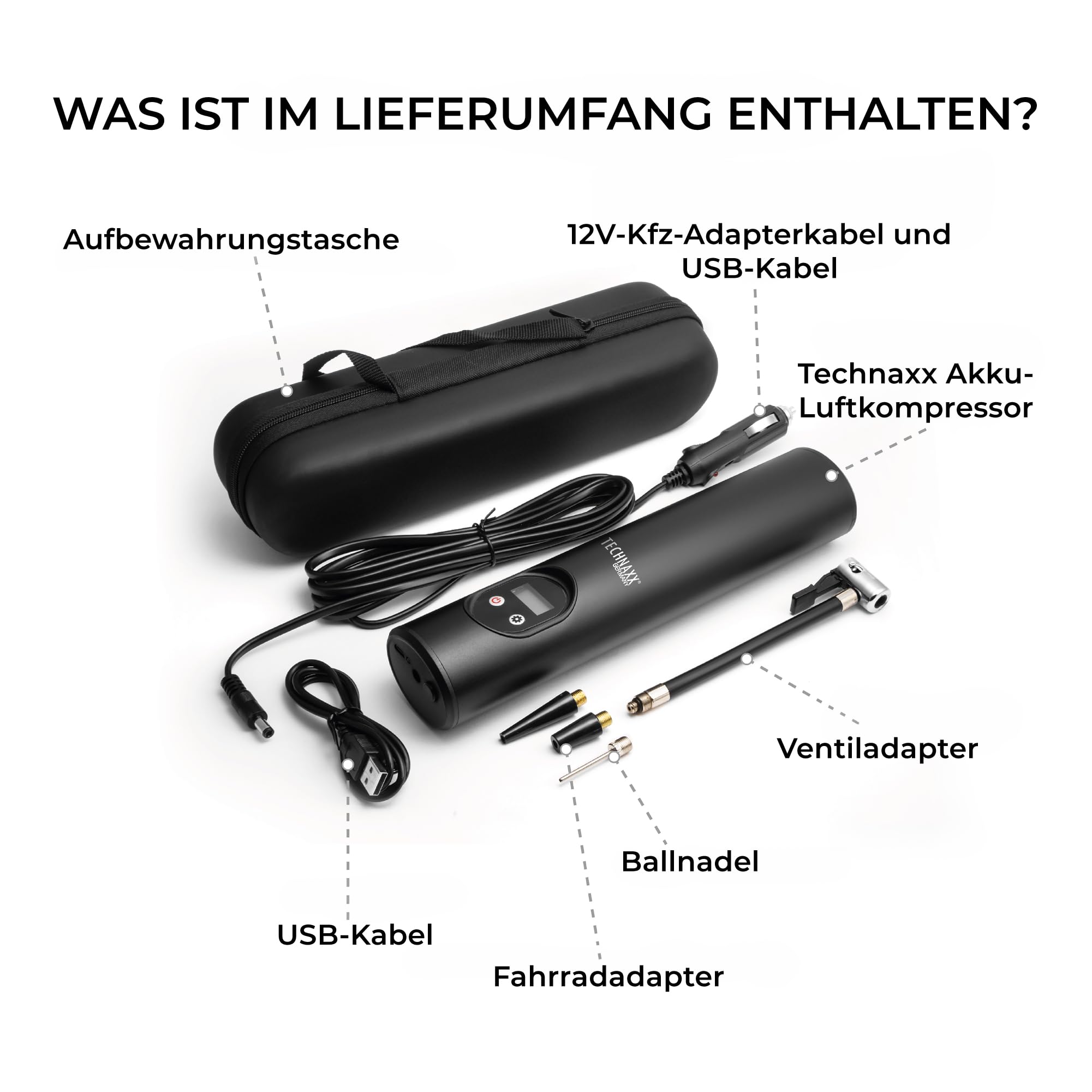 Technaxx Akku Luftpumpe Kompressor 6000mAh – Tragbarer Luftkompressor mit Digitalanzeige, 8 Bar, Auto Stop, 12V DC, Reifenpumpe für Auto, Fahrrad, Motorrad & Bälle, LED Licht TX-157