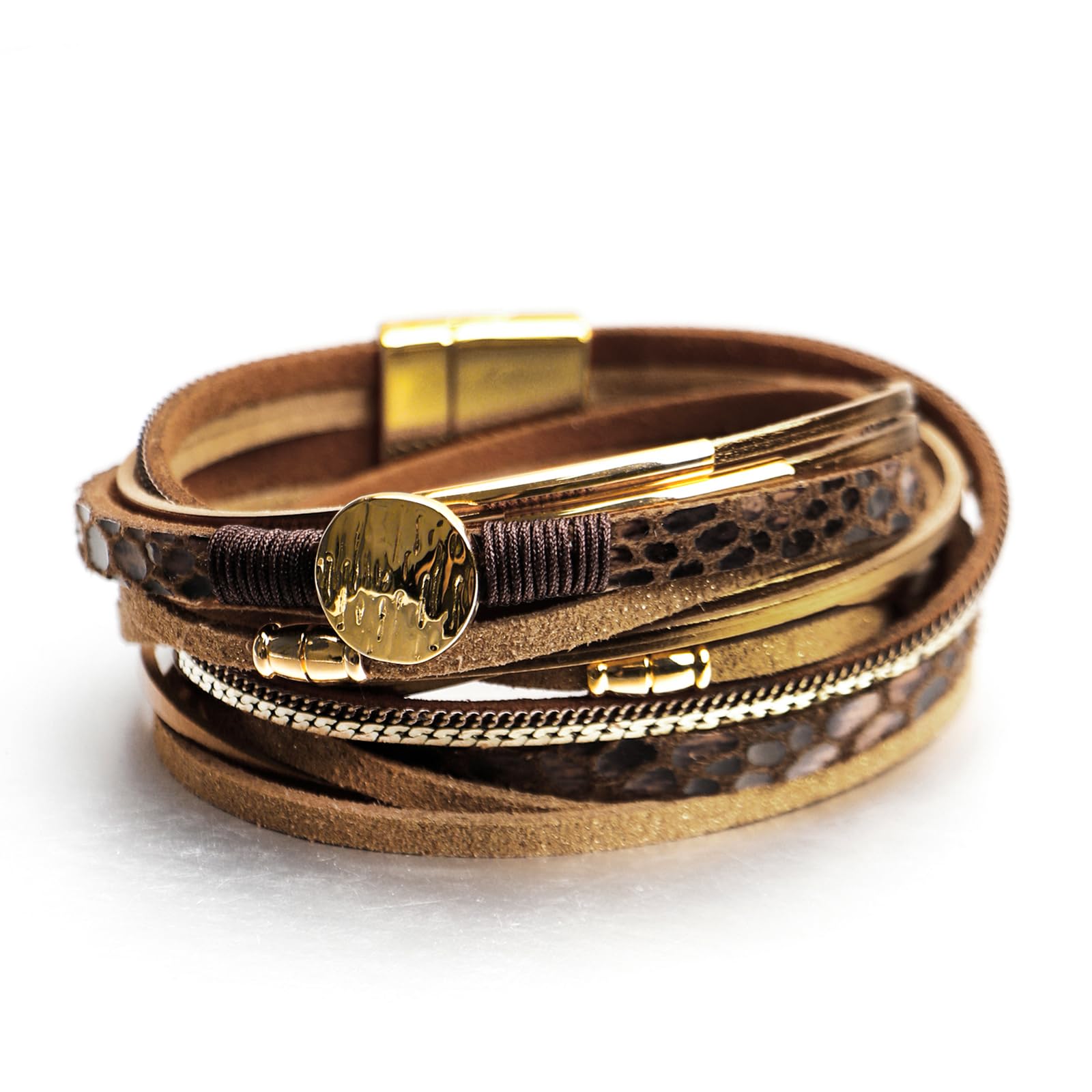 Fesciory Leather Wrap Bracelet for Women, Boho Western Layered Cuff Jewelry | Stackable Bracelets, Easy-On Clasp, Daily Wear, Pairs with Boho Western Outfits, Gift for Women