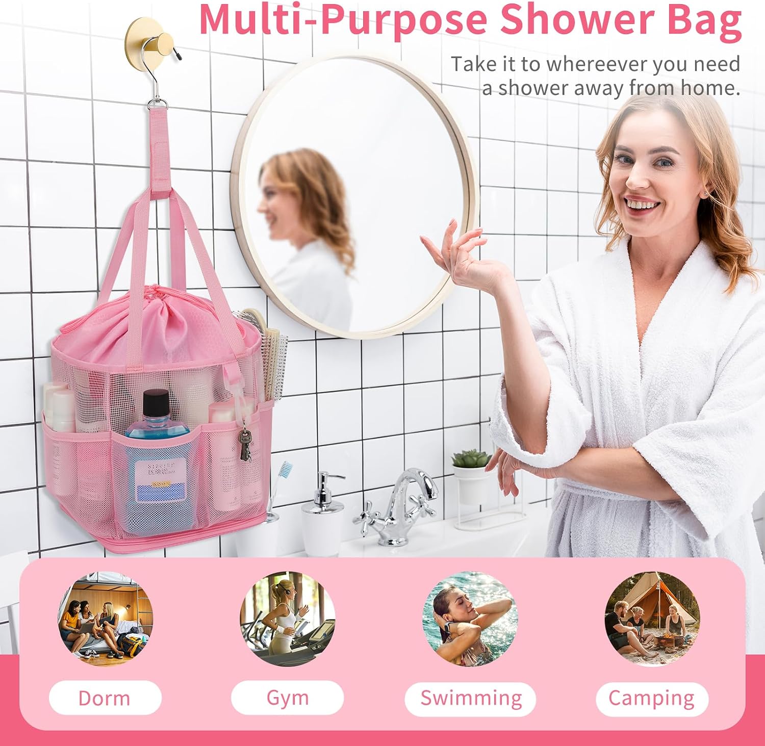 Shower Caddy Portable for College Dorm Room Essentials, Hanging Shower Caddy with Hook and Drawstring, Quick Dry Mesh Shower Bag with 6 Pockets for Bathroom, Swimming, Gym, Camping, Beach, Travel