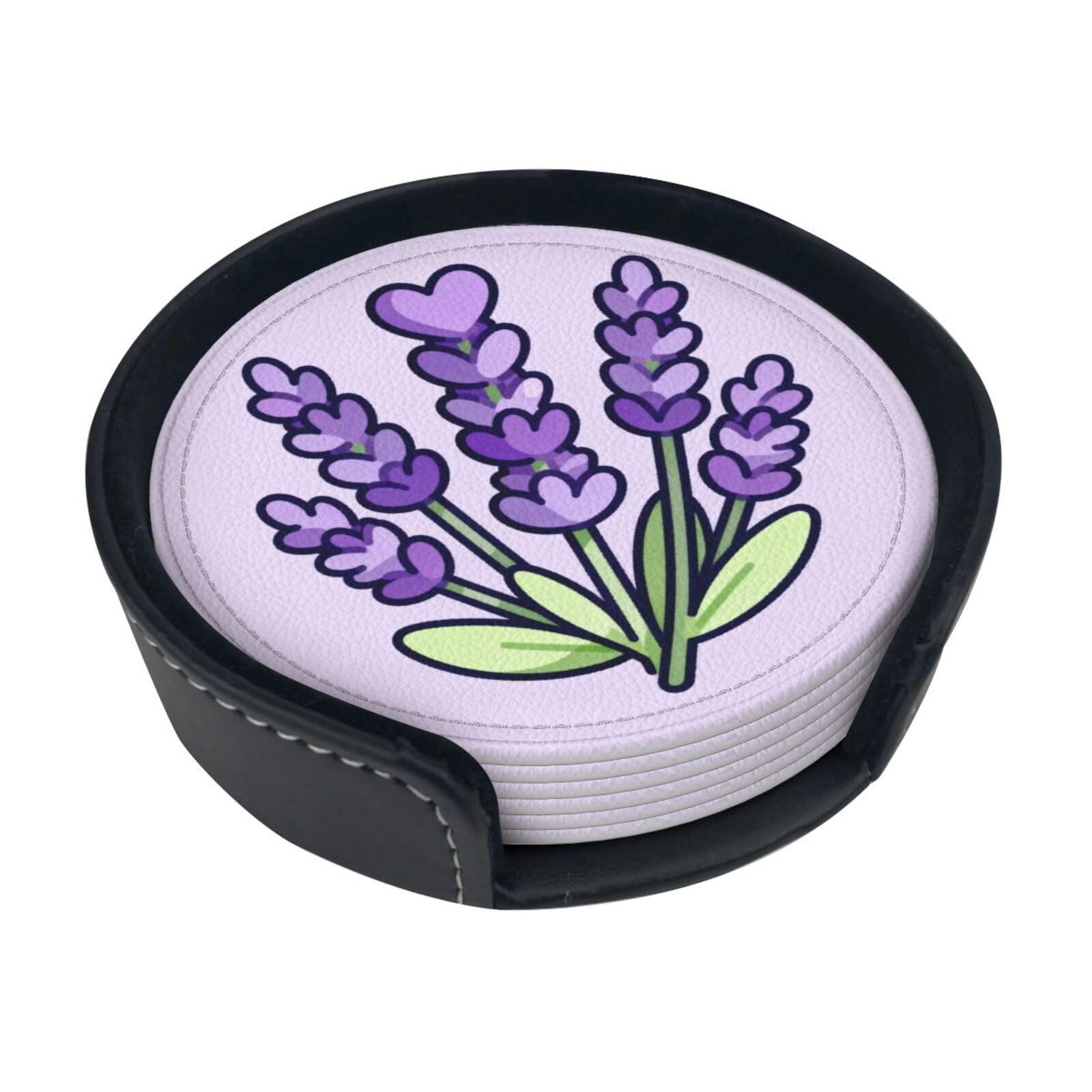 Cntdbu White Purple Lavender Leather Coasters Set Of 6-Pu Leather Drink Mats For Table, Heat Resistant Round Coasters With Holder
