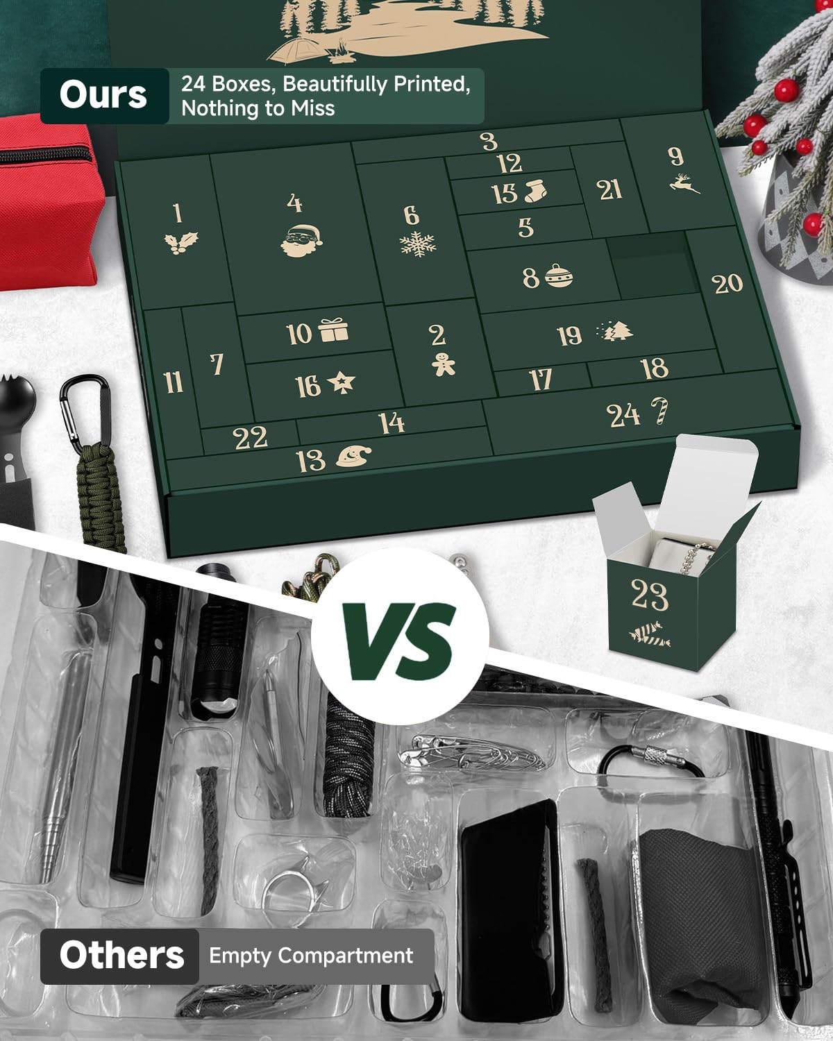 Calendario de Adviento Hombre 2025, Kit de Supervivencia Militar Multifuncional, Regalos Navidad para Aire Libre