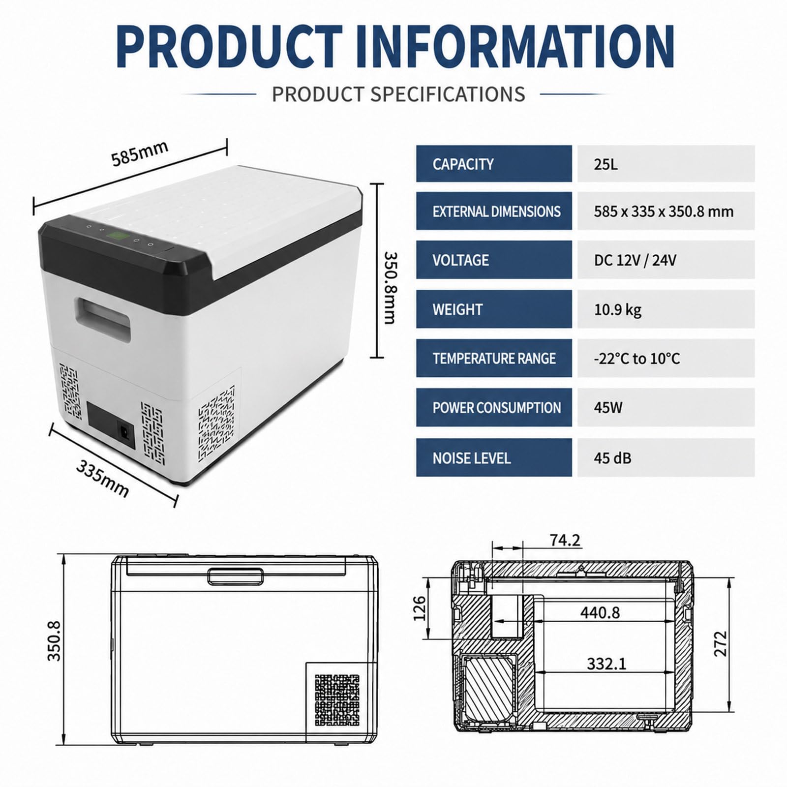 25L Lodówka Samochodowa Podłączana, Lodówka Kompresorowa, Elektryczna Lodówka Turystyczna, 12/24V DC i 110/220V AC, od 10°C do -22°C, do ciężarówki, kampera, SUV, podróże