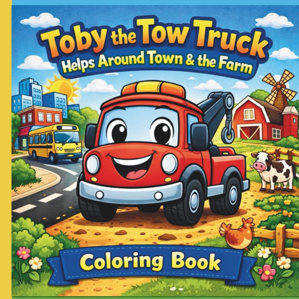 Toby the Tow Truck Helps Around Town & the Farm Coloring Book: A Helping Vehicles Coloring Book for Kids Ages 3–8 Featuring Kindness, Teamwork, and Safety