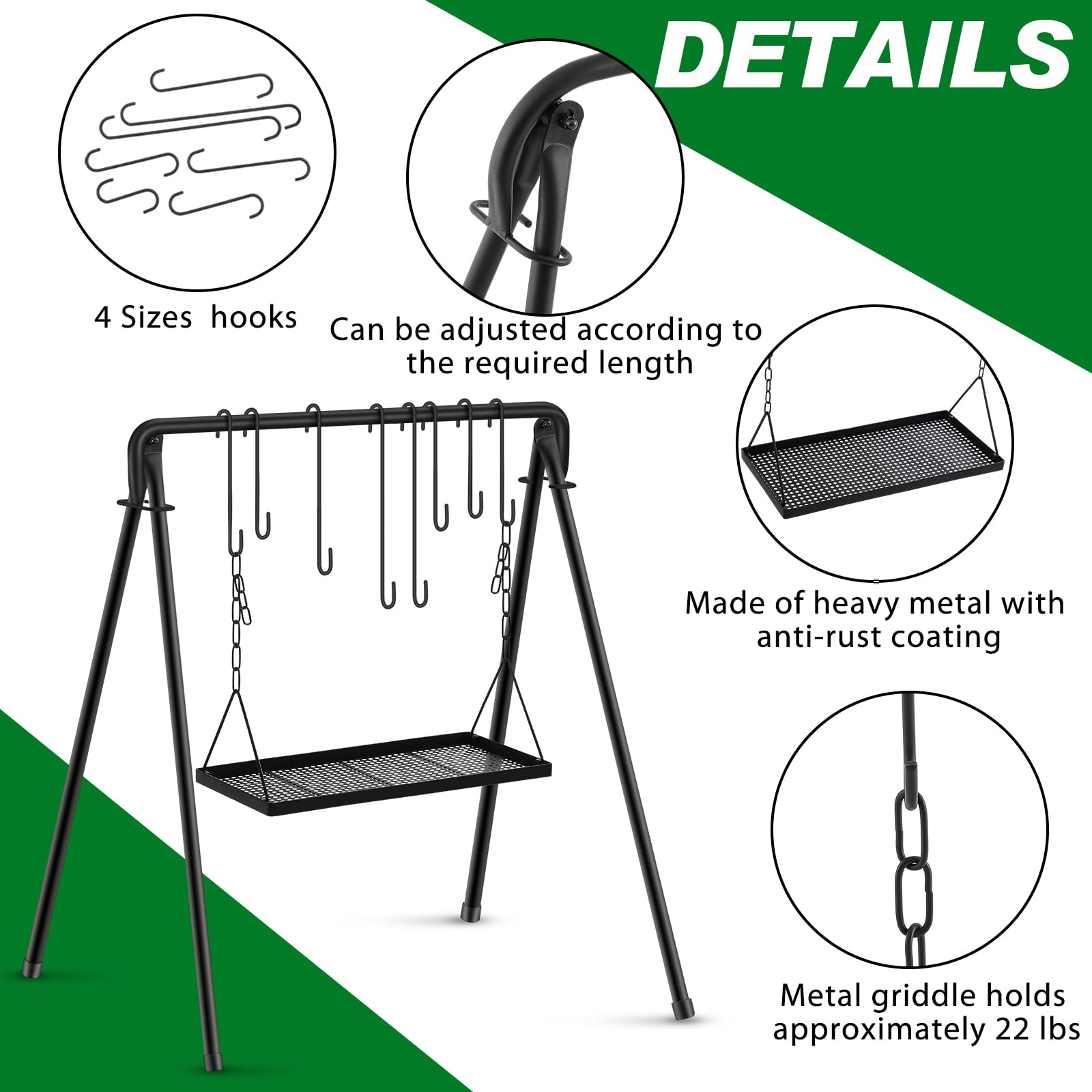 Rossesay Soporte de parrilla ajustable para fogata, soporte para colgar con 8 ganchos y accesorios, equipo de cocina para barbacoa, picnic, fiesta al aire libre (bandeja grande)