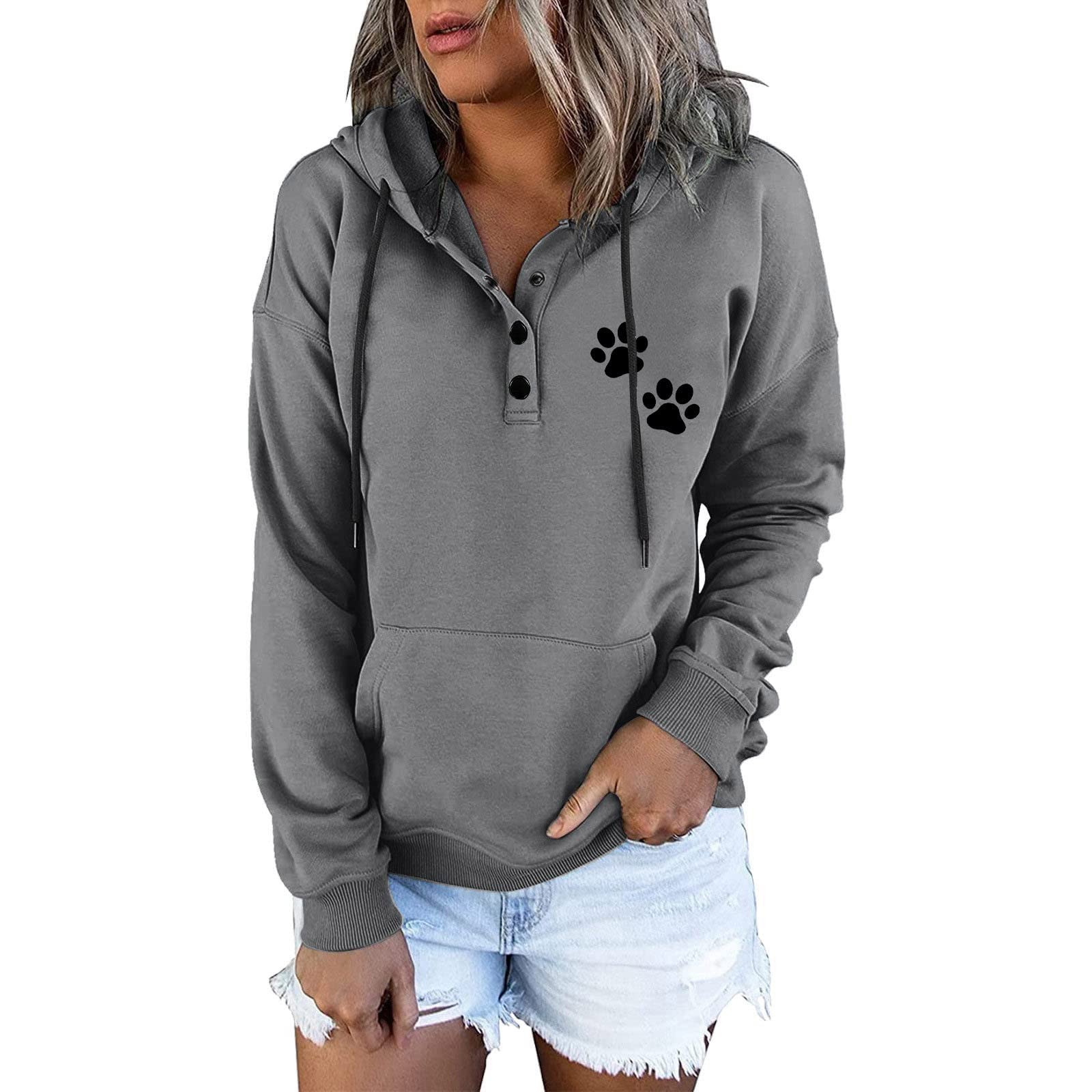 Womens Button Collar Hoodies Drawstring Hooded Sweatshirts Pullover Casual Long Sleeve Blouses Tops Shirts with Pocket