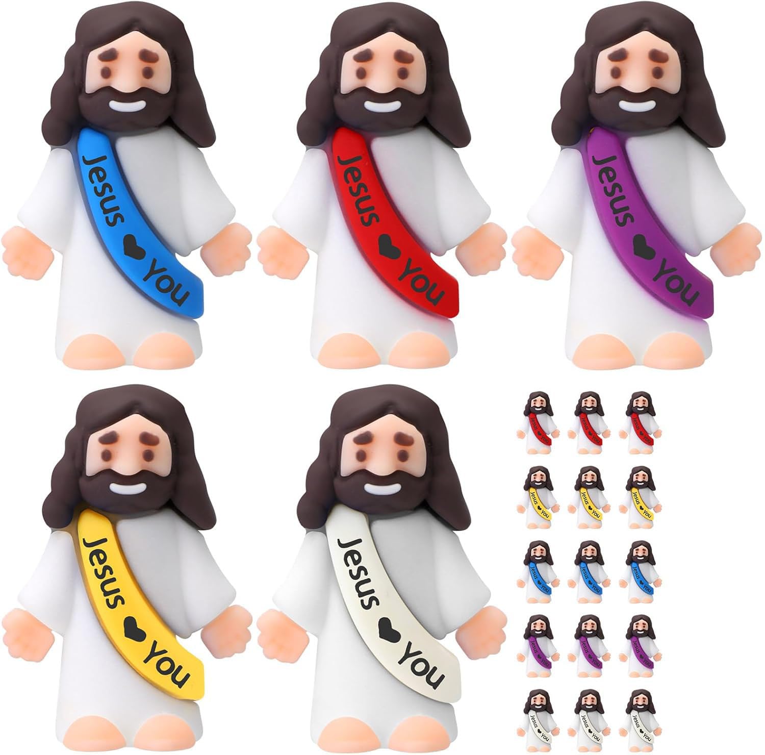 ZIBUYU® 15Pcs Jesus Statue, Car Dashboard Decoration Items, Mini RubberJesus Anime Figurine, Toys to Hide and Seek Religious Party Favors Sunday School Baptism Gifts Stuffers(Lively Colors)-image-2