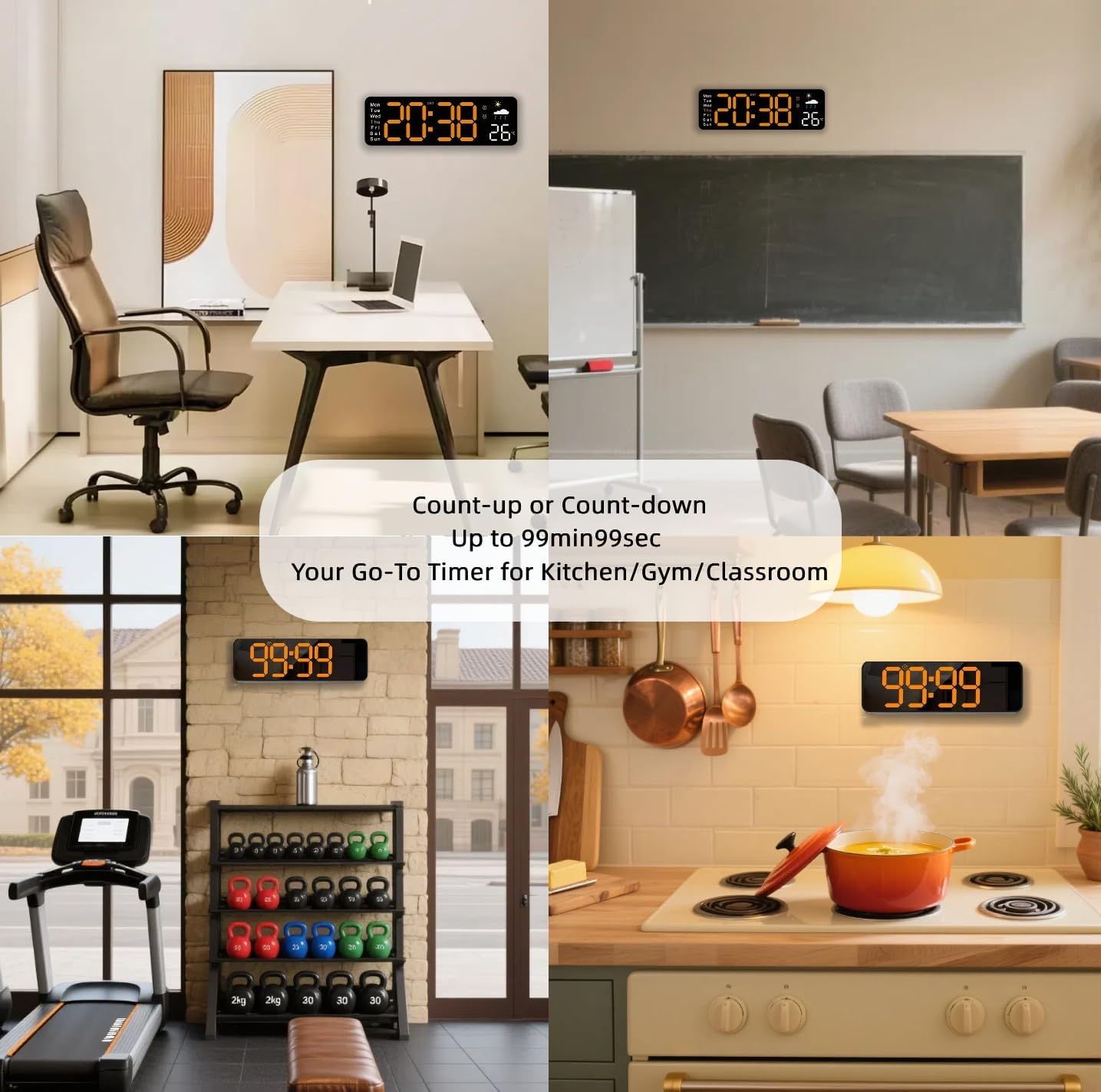 Large LED Digital Wall Clock with Alarm Timer - Auto Dimming Clock with Temperature, Weather and Calendar, Remote Control, Classroom Décor, for Bedroom, Office, Living Room (Orange)