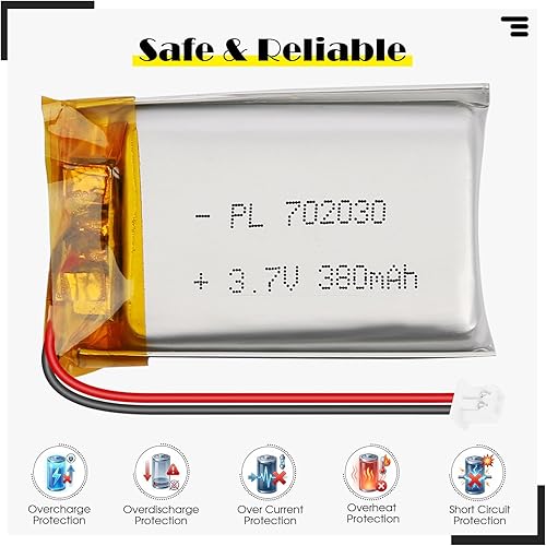Miniatura 2 de 702030 3.7V 380mAh LiPo Batería - Batería recargable de polímero de litio con placa de protección y conector Micro JST 1.25 para dispositivo