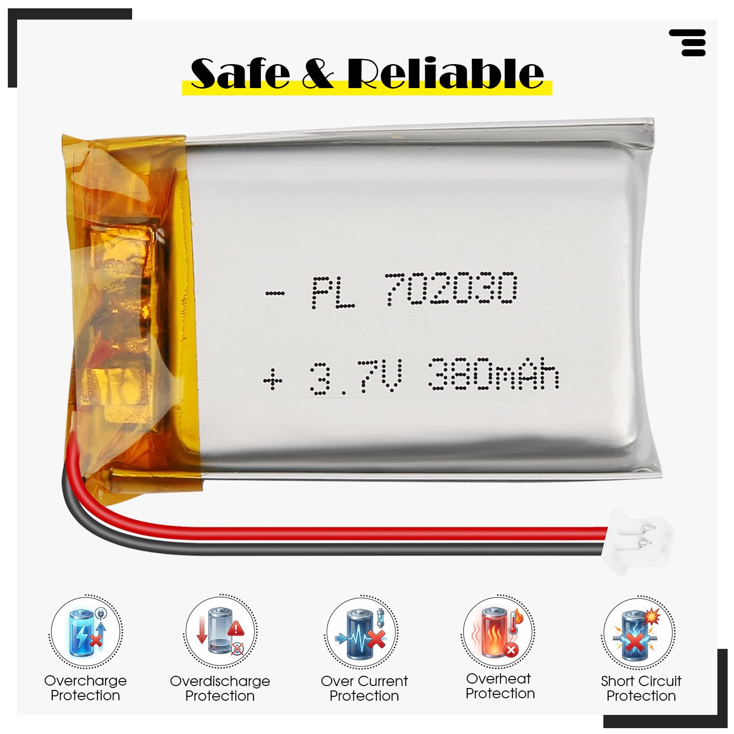Batería LiPo 3.7V 380mAh 702030 - Batería de polímero de Litio Recargable con Placa de protección y Conector Micro JST 1.25 para Dispositivos electrónicos - 3