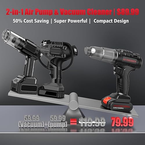 Miniatura 2 de Inflador de neumáticos, compresor de aire portátil y aspiradora de automóvil, portátil, inalámbrico, 2 en 1, funciona con batería recargable, con