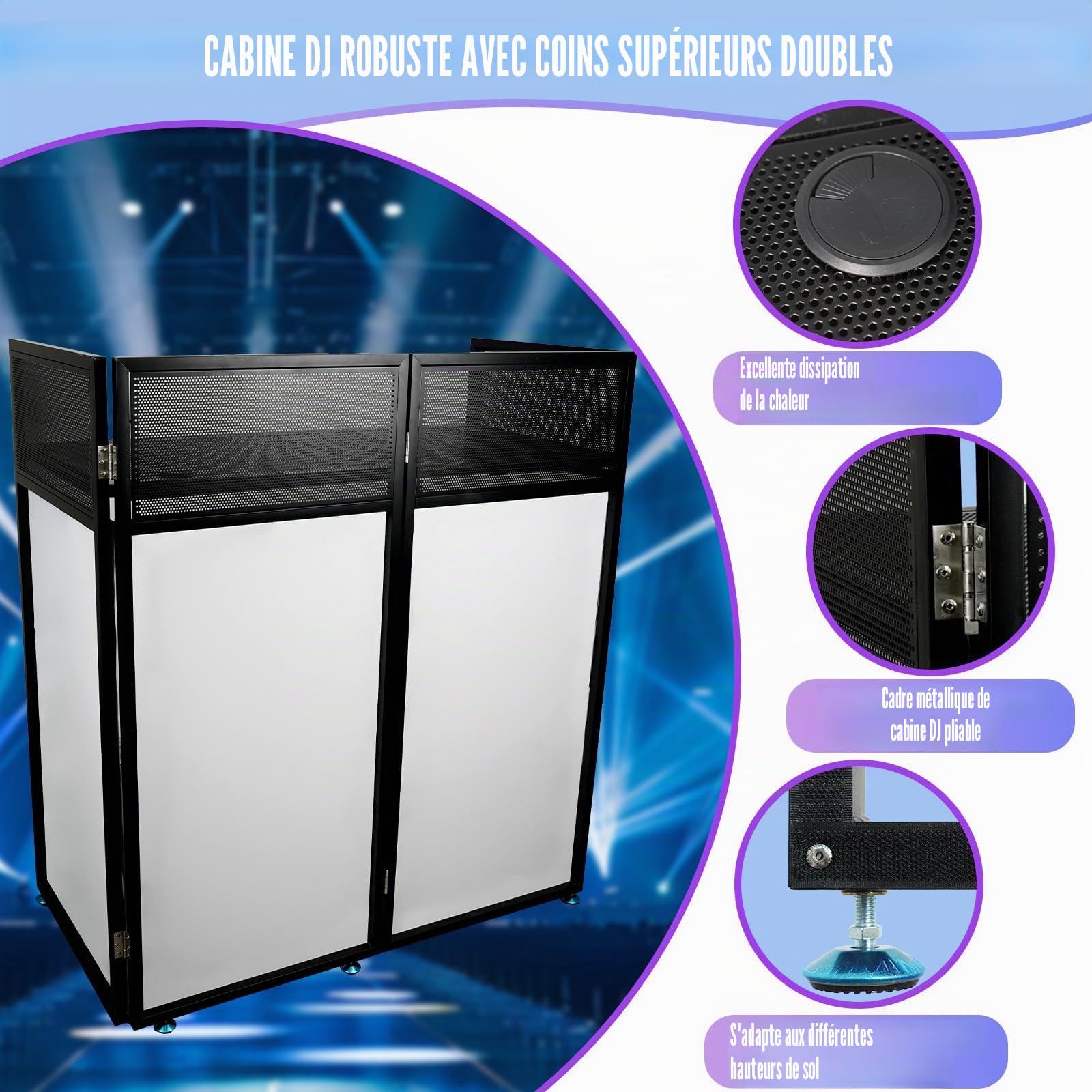 Cabine de DJ portable 108 x 53,5 x 118 cm - Façade de DJ avec cadre noir et blanc - Cadre en métal noir - Console de DJ pliable en hauteur pour événements, fêtes, mariages