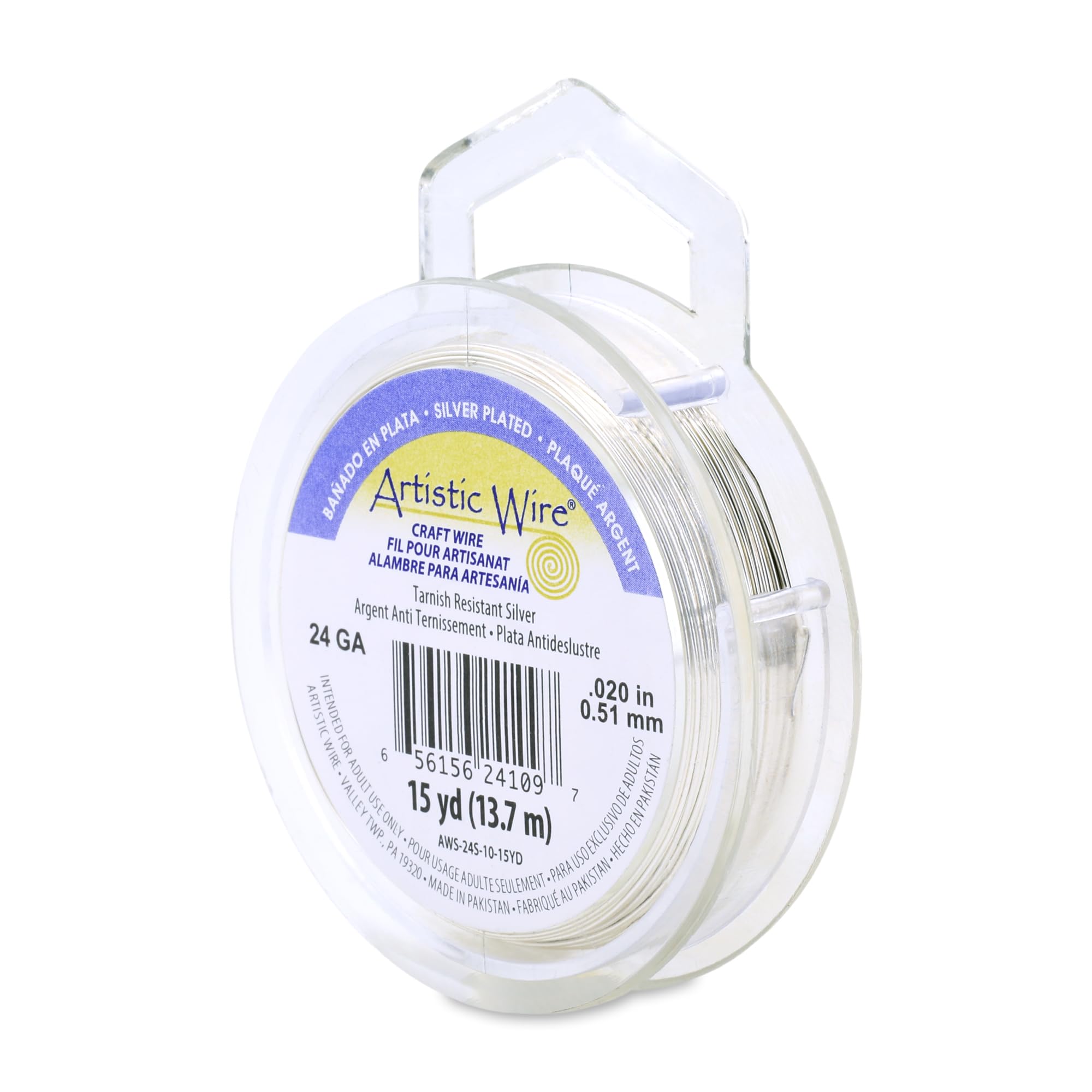 Artistic Wire, 24 Gauge / .51 mm Silver Plated Tarnish Resistant Colored Copper Craft Wire, Tarnish Resistant Silver, 15 yd / 13.7 m